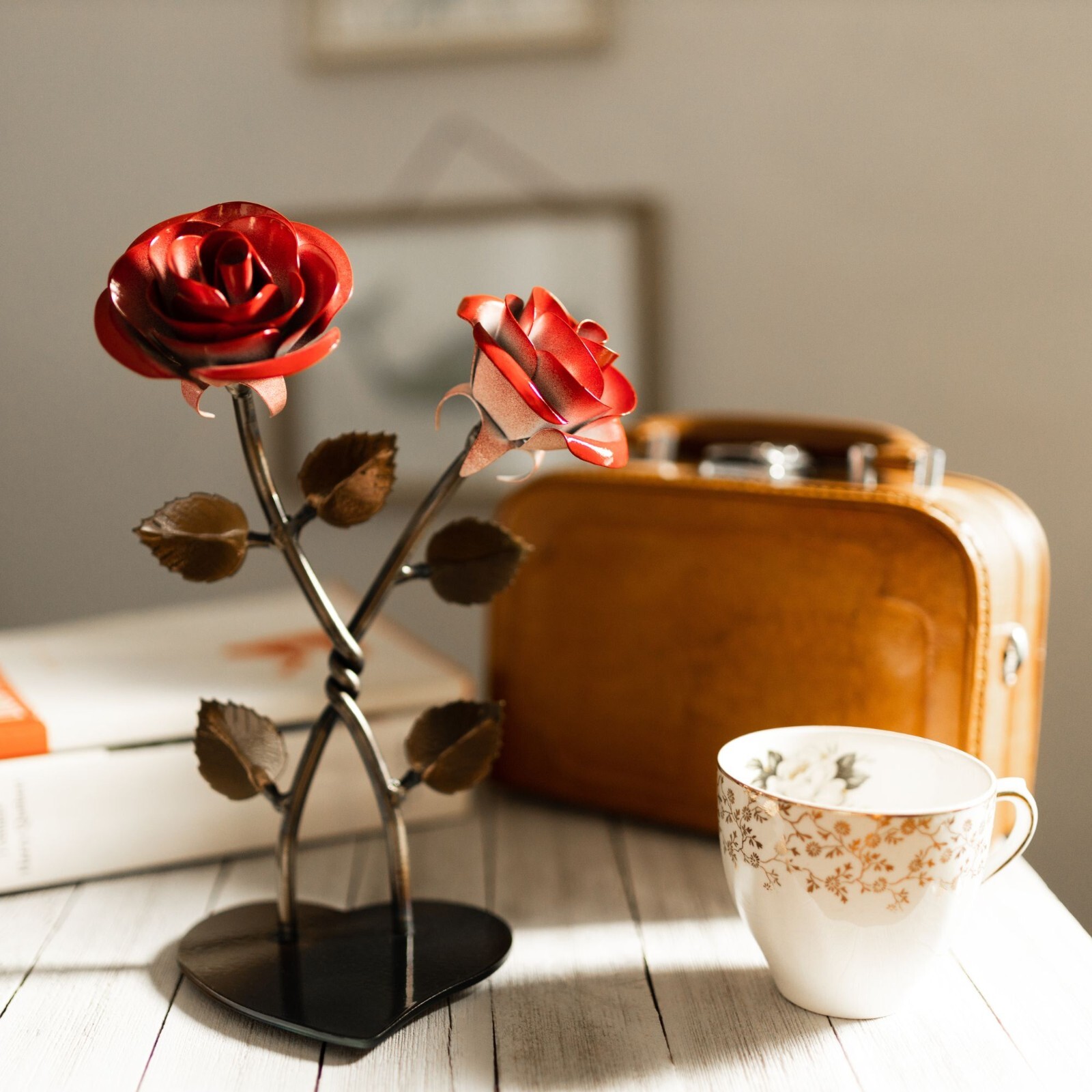 Hand-Forged Double Red Metal Rose with Twist – Iron Anniversary Gift