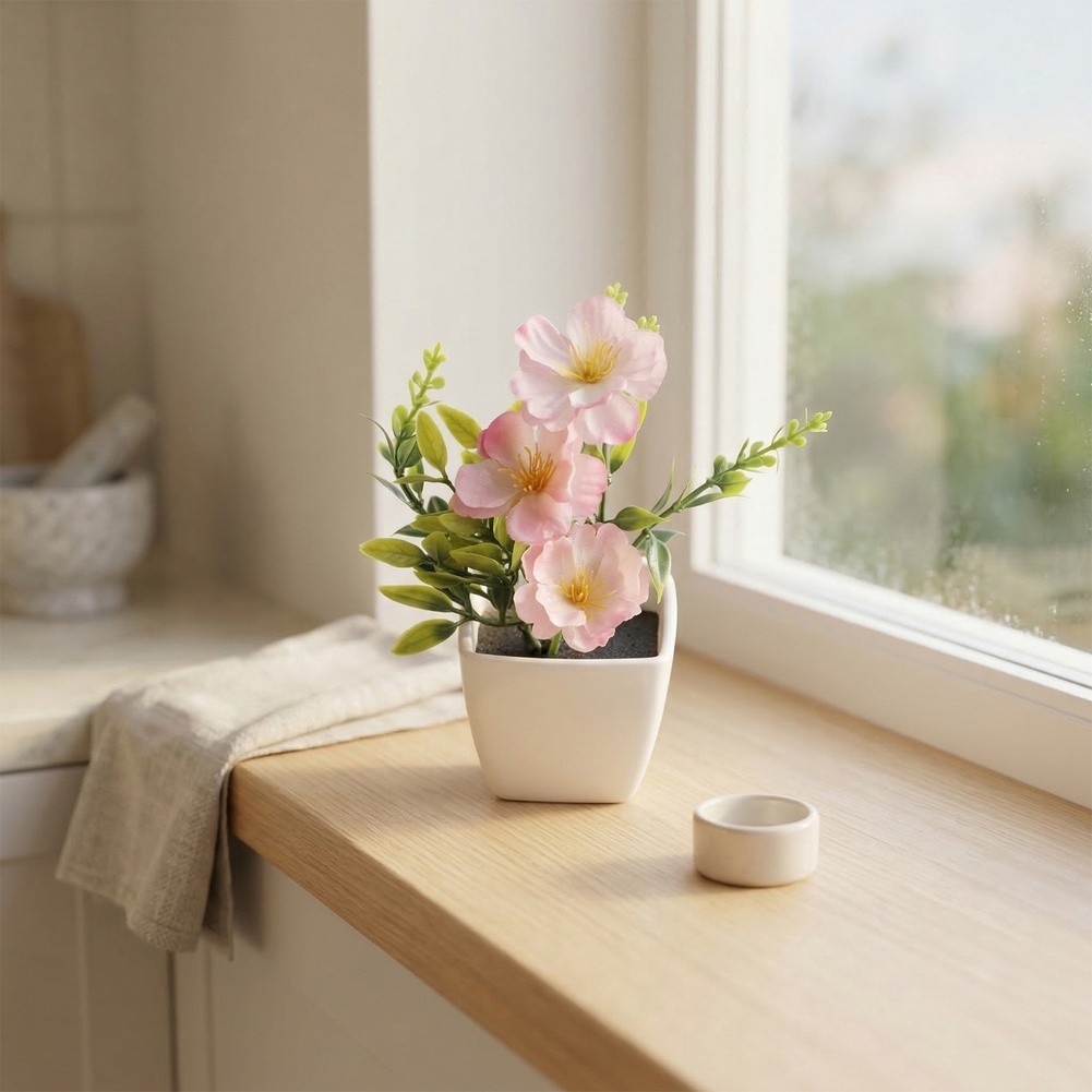 Potted Fake Featuring Peach Blossoms for Indoor Table Shelf Decor Pink