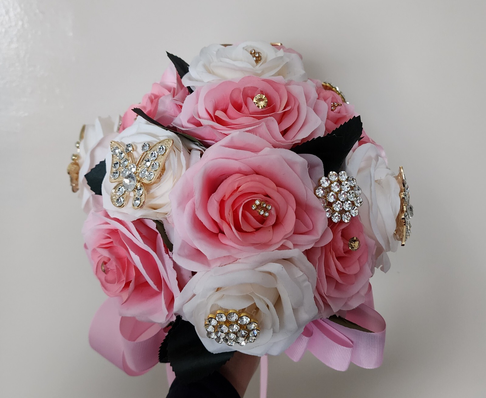 Pink & Ivory Luxury Bouquet with butterfly pendants for Quinceneras & Weddings