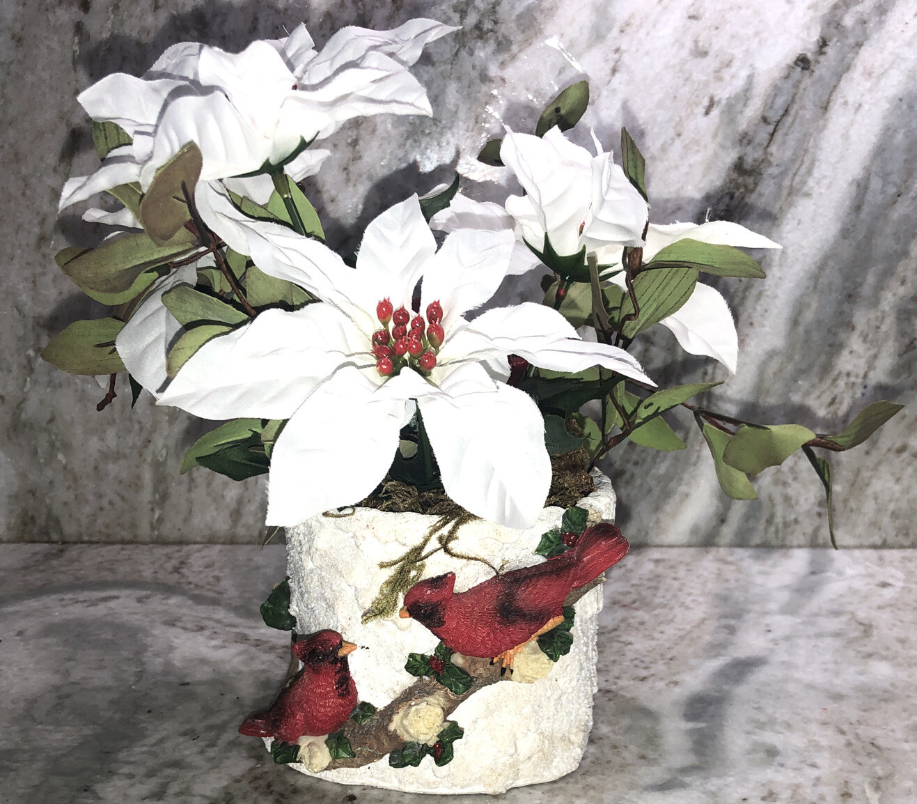 Christmas Cardinal Flower Pot Filled With 9”H x 10”W Artificial Flowers-NEW