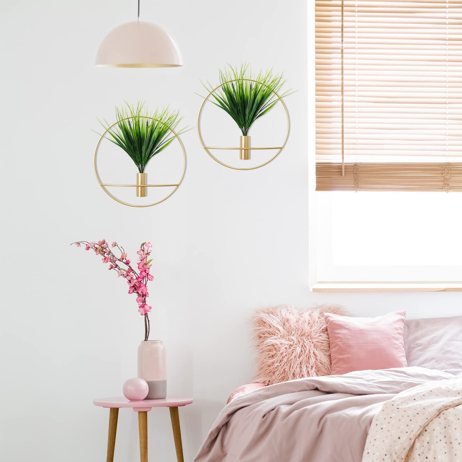 Set of 2 Artificial Plants with Gold Metal Round Hanging Hoop for Wall Decor,…