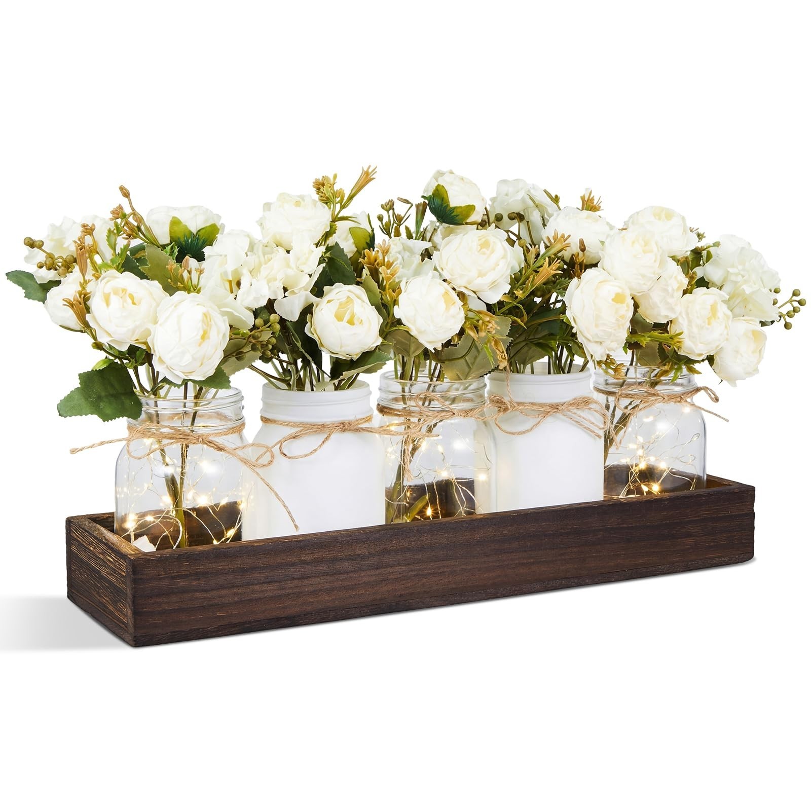 5 Pcs Peony Hydrangea Centerpiece Set with Wood Tray & LED Lights – Table Decor