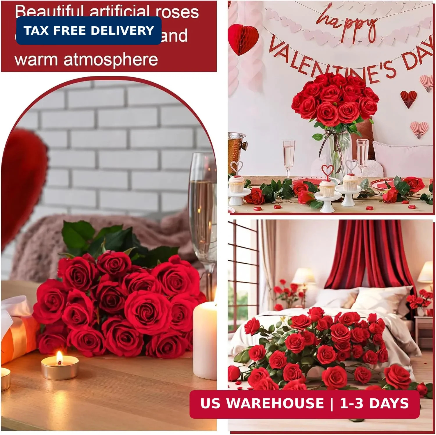 Ouddy Decor 20 Pcs Red Roses Artificial Velvet Silk Flowers Fake Roses Bouquet w