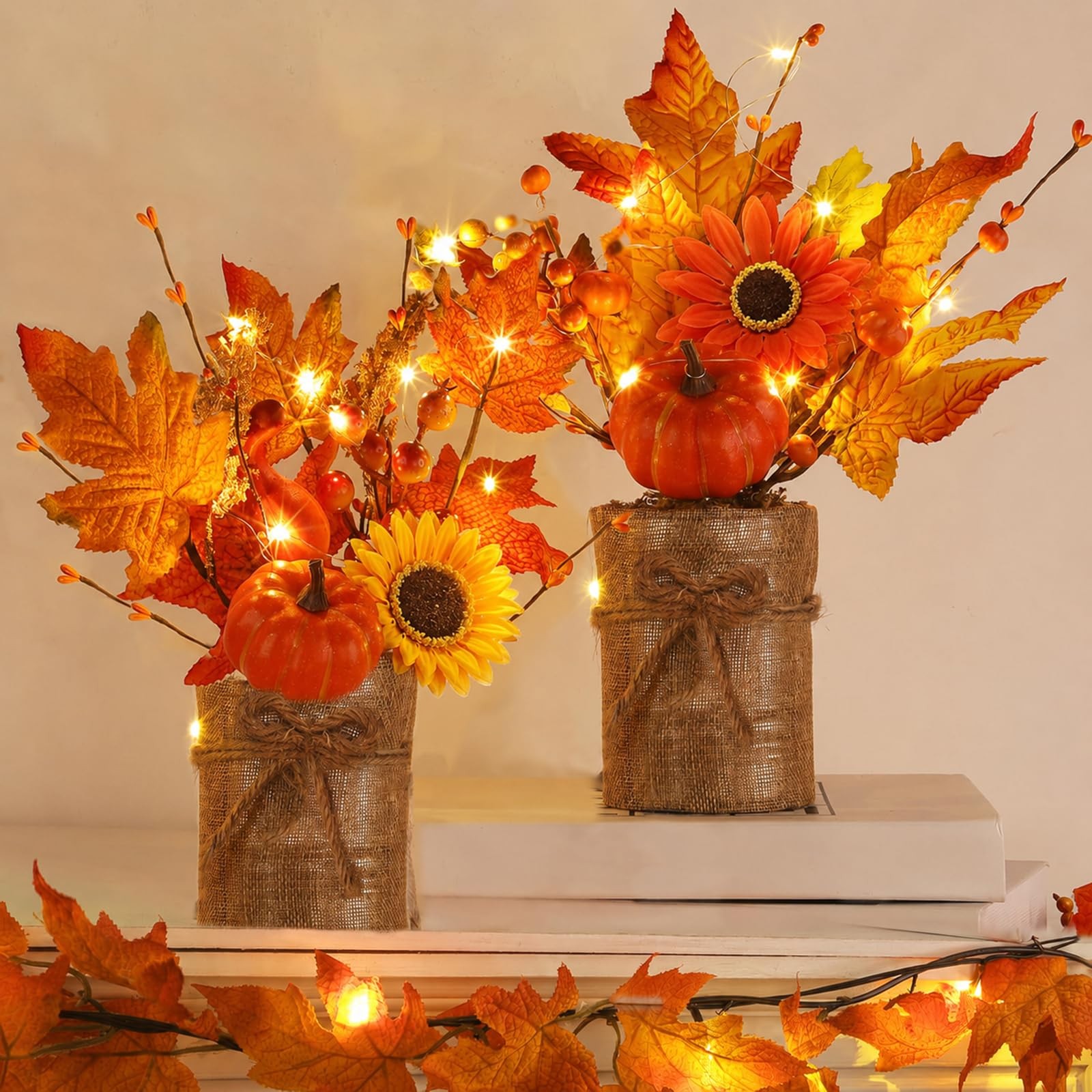 2Style & Light Timer 2 Pack 13 Inch Fall Decor Table Centerpiece Lights