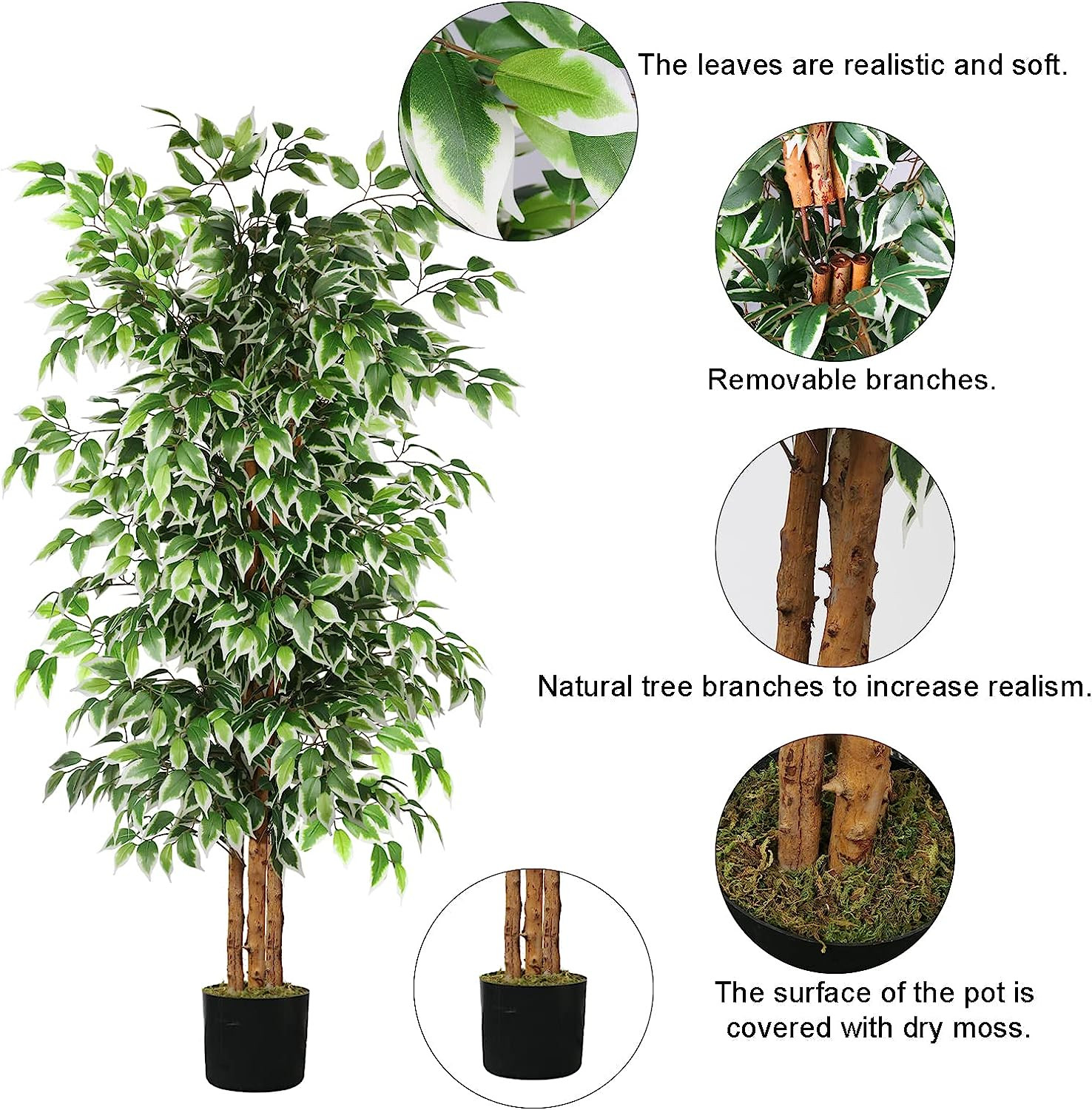 6Ft Tall Faux Ficus Tree with Natural Trunk for Home and Office Decor