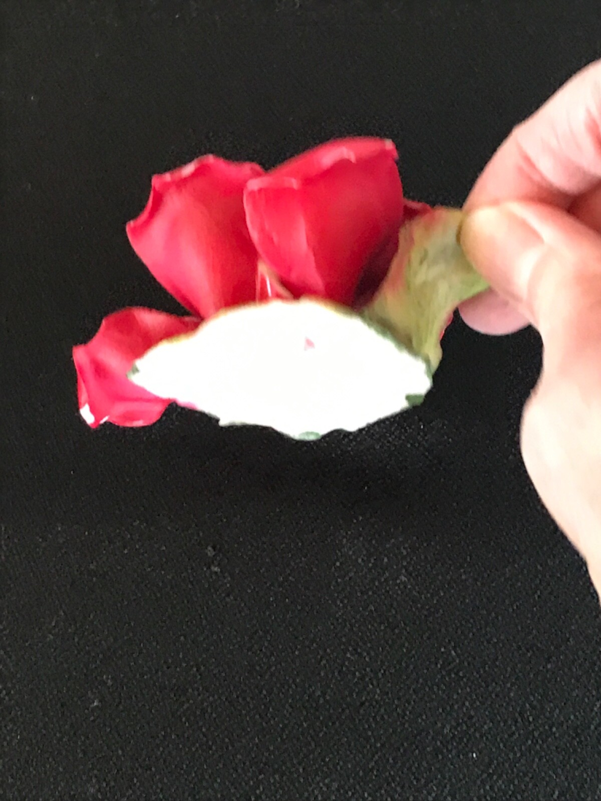VINTAGE PORELAIN RED ROSE FLOWER WITH GREEN LEAF, ITALY