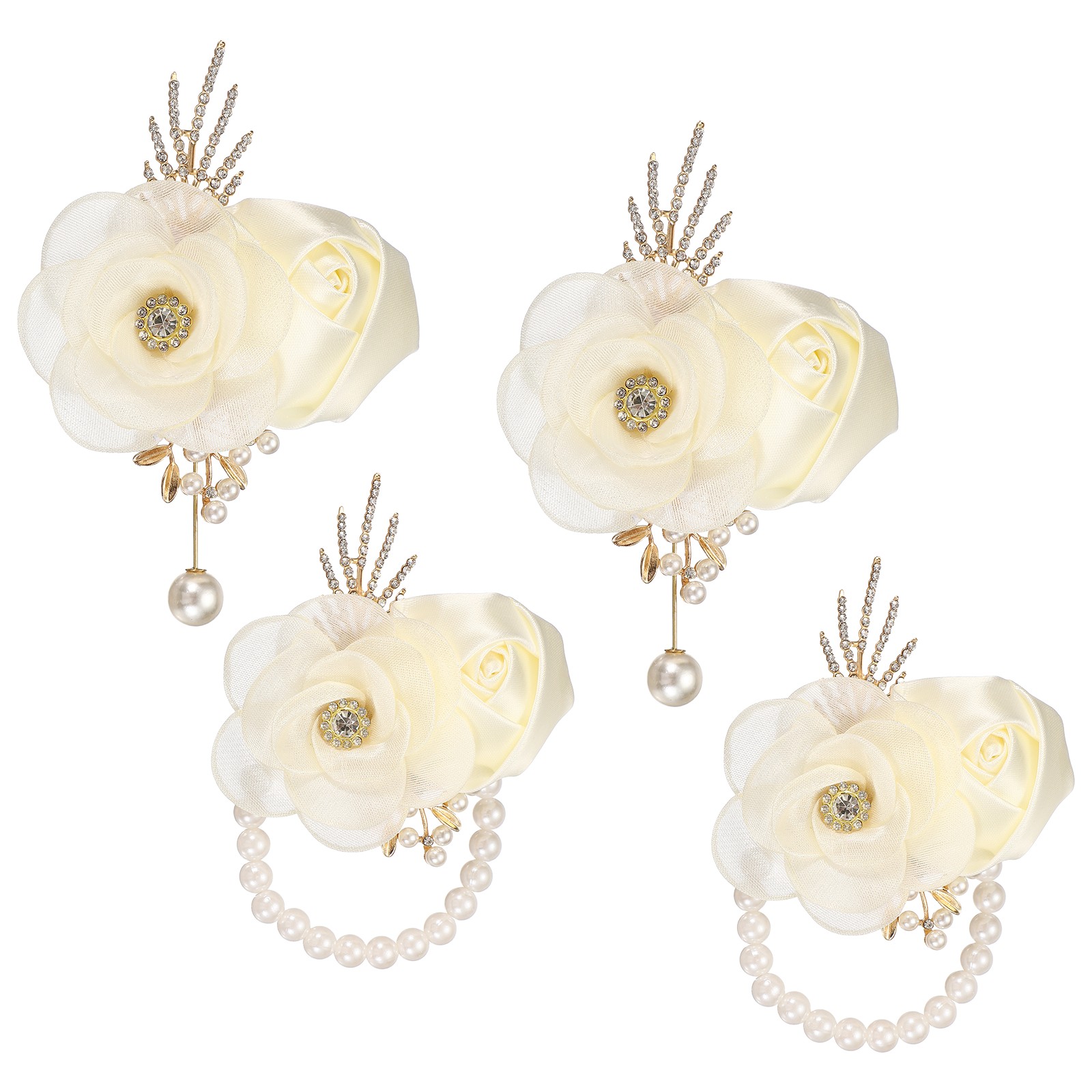 2 Sets Wrist Corsage and Boutonnieres Set for Wedding Groom Bride, Cream