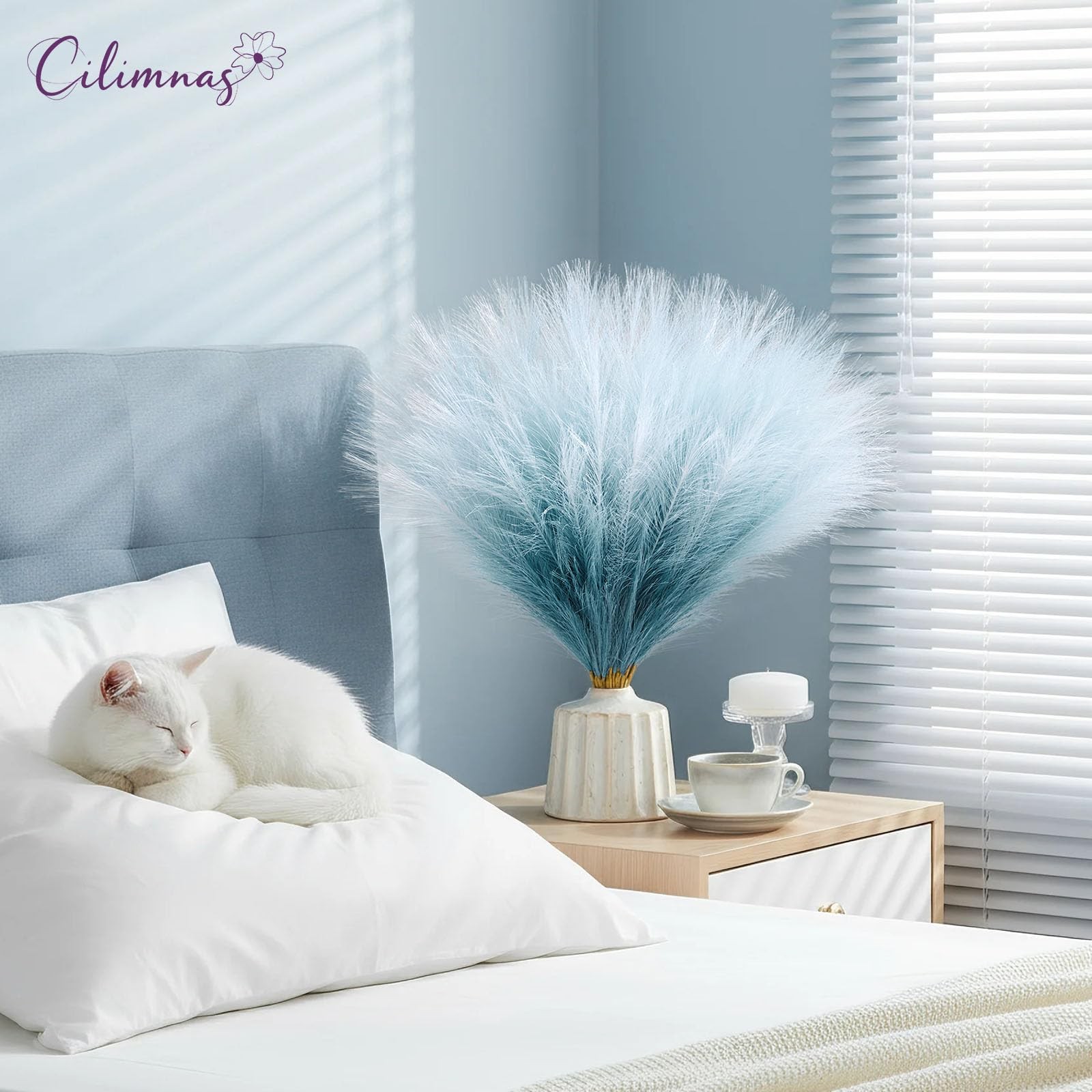 50 PCS 17.7 Inch Artificial Fluffy Faux Pampas Grass Gradient Blue Decor
