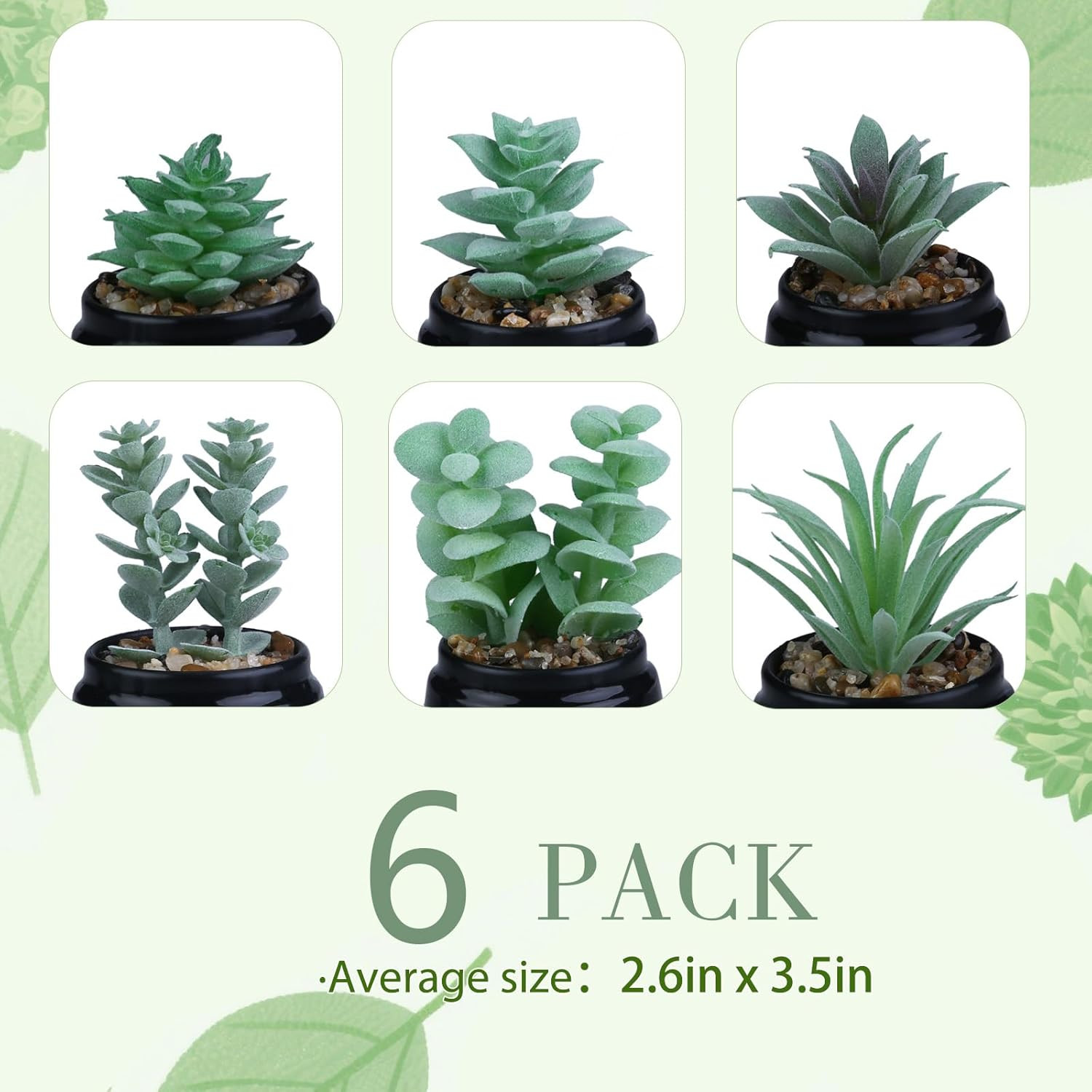 6 Pcs Green Artificial Succulent Plants in Black Plastic Pots Mini Faux Succulen