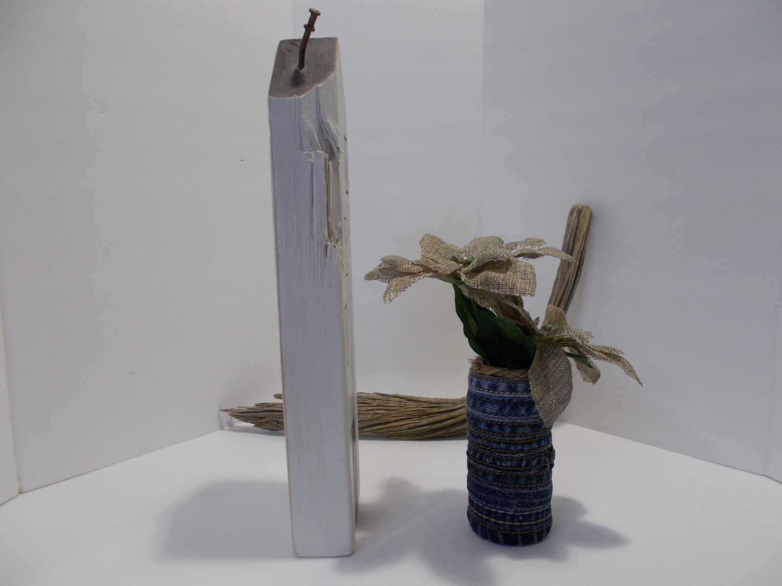 Small Denim Vase from Denim Side Seams w Burlap Flowers & Painted Wooden House