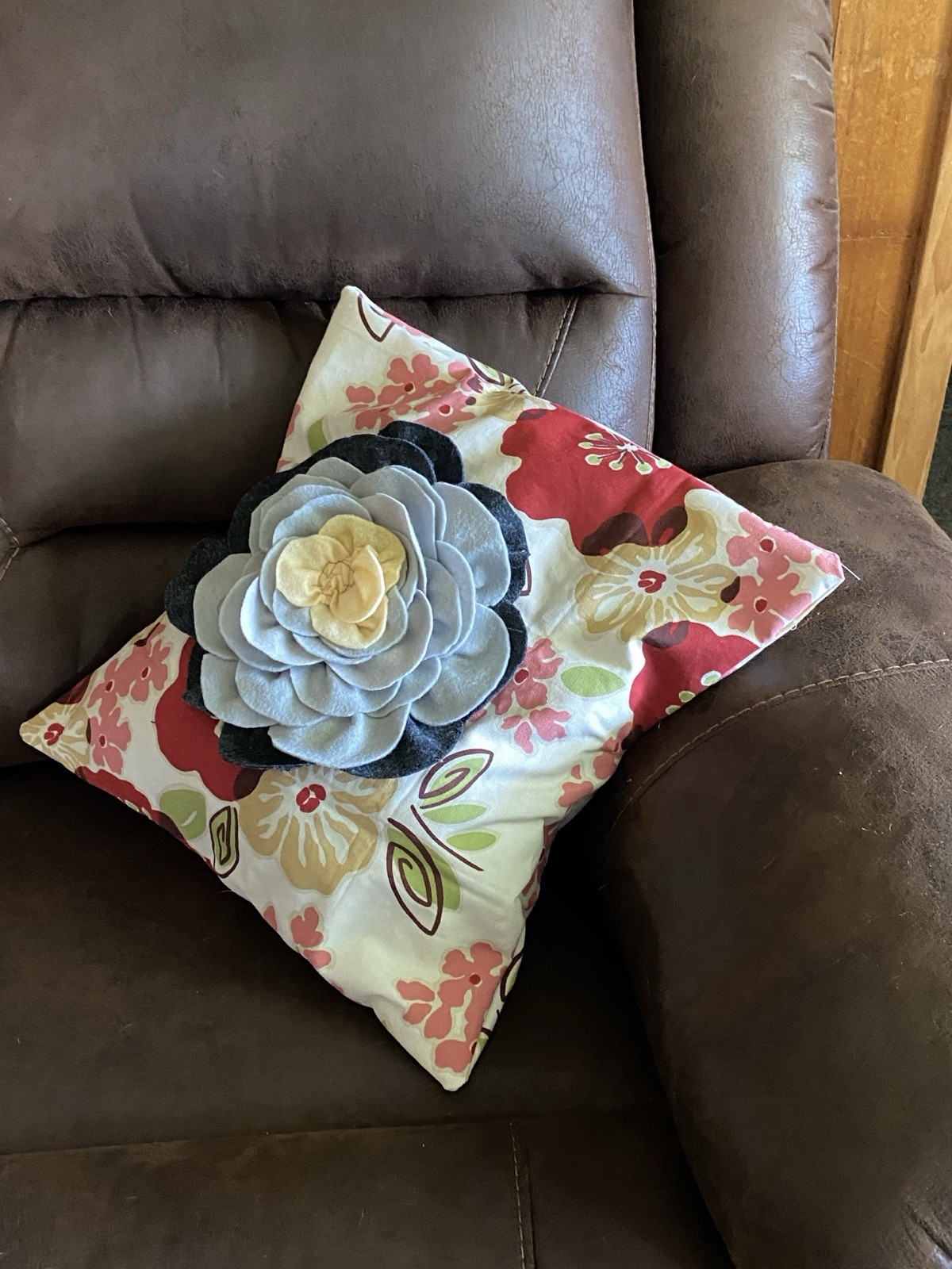 Floral Decorative Throw Pillow with Blue Flower Accent