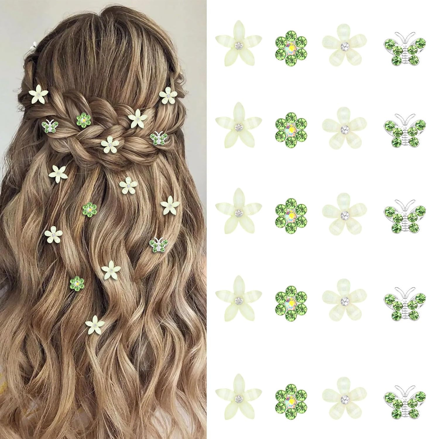 20 Pcs Mini Green Flower & Butterfly Rhinestone Hair Clips – Wedding & Bridal Ha