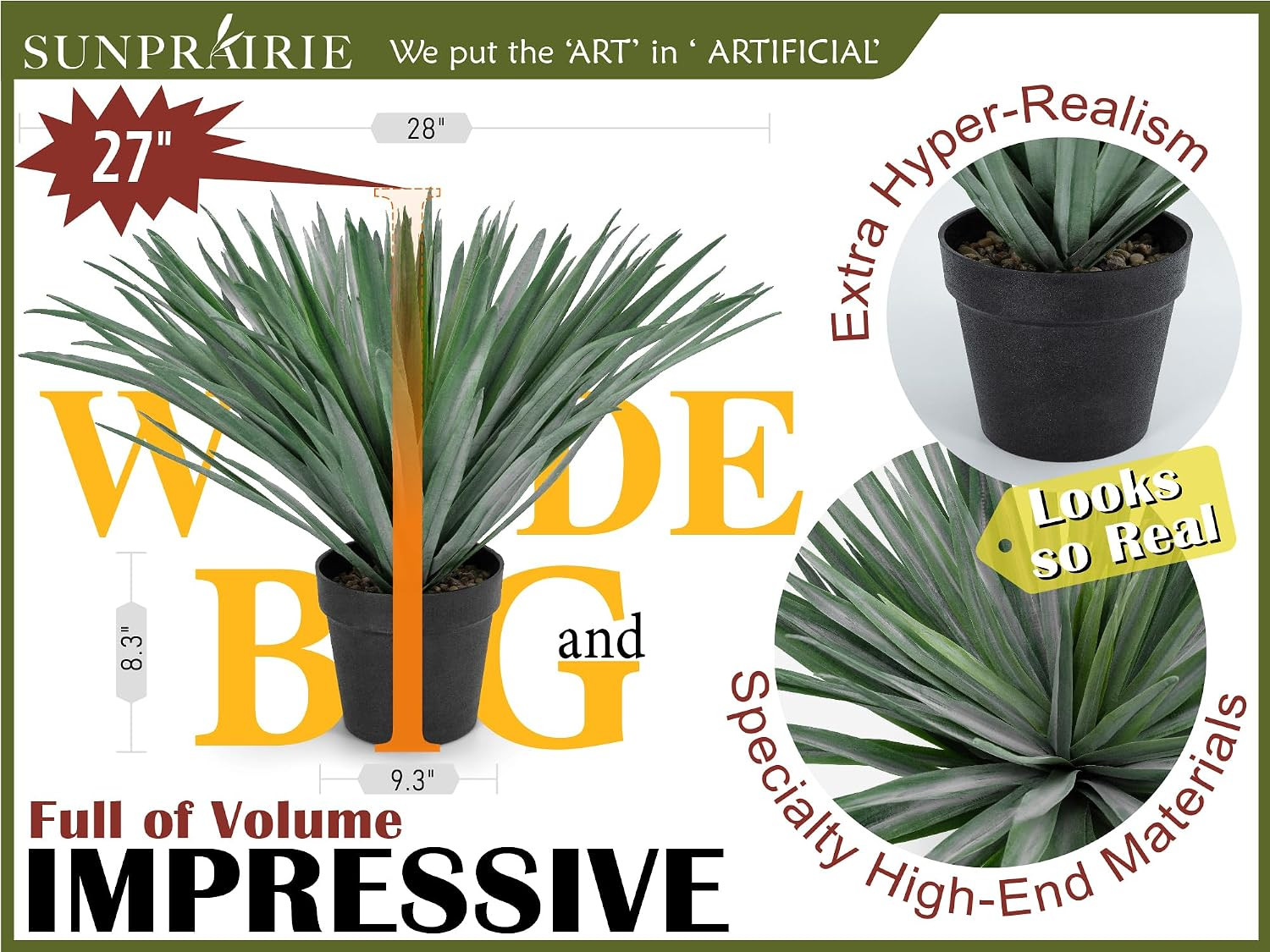 27 Inches Tall Artificial Agave Plant in Black Pot with Real Stone Pebbles, 126