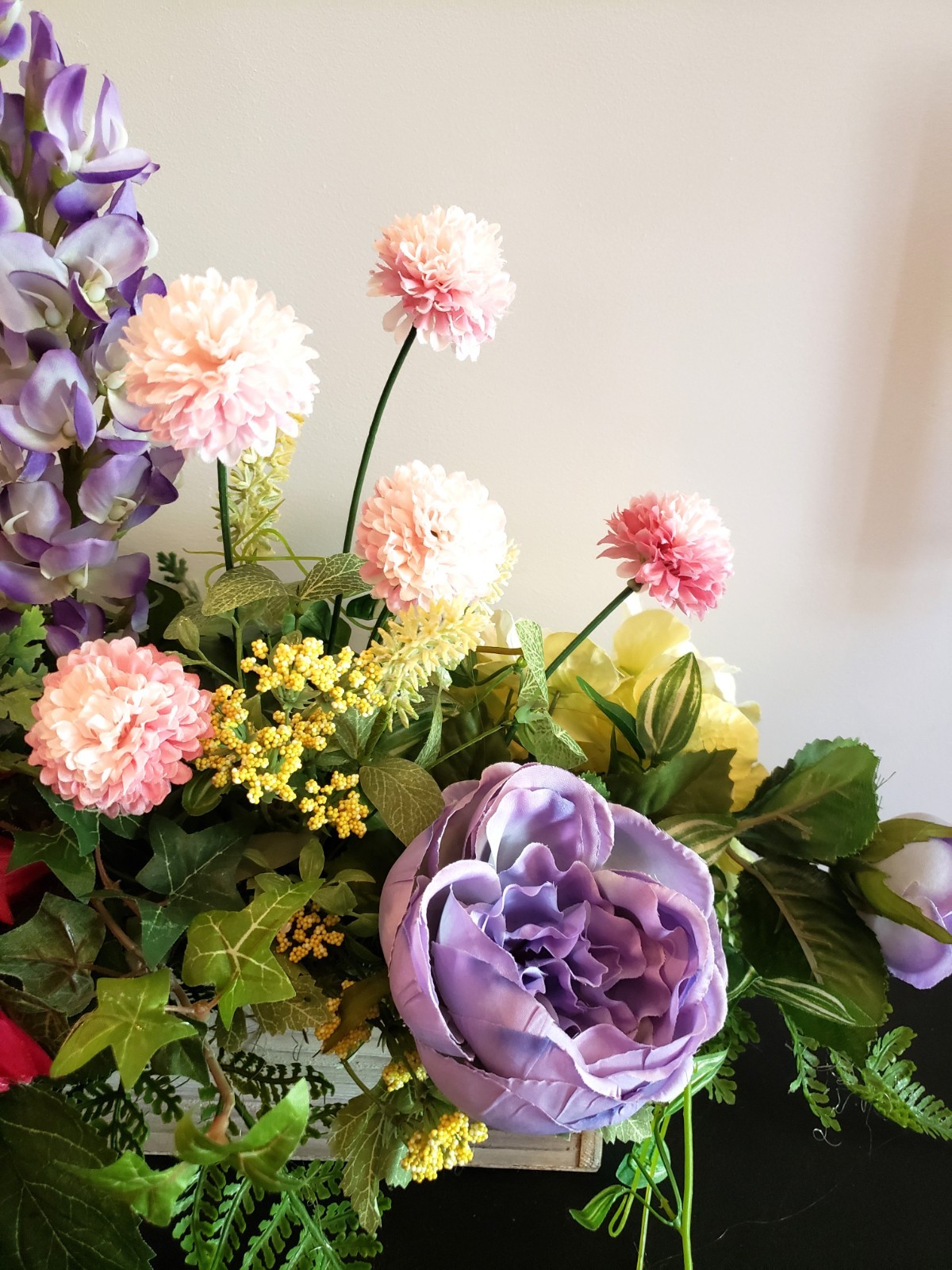 Silk Floral Arrangement: Spring Garden Cottage Style in Unfinished Wood
