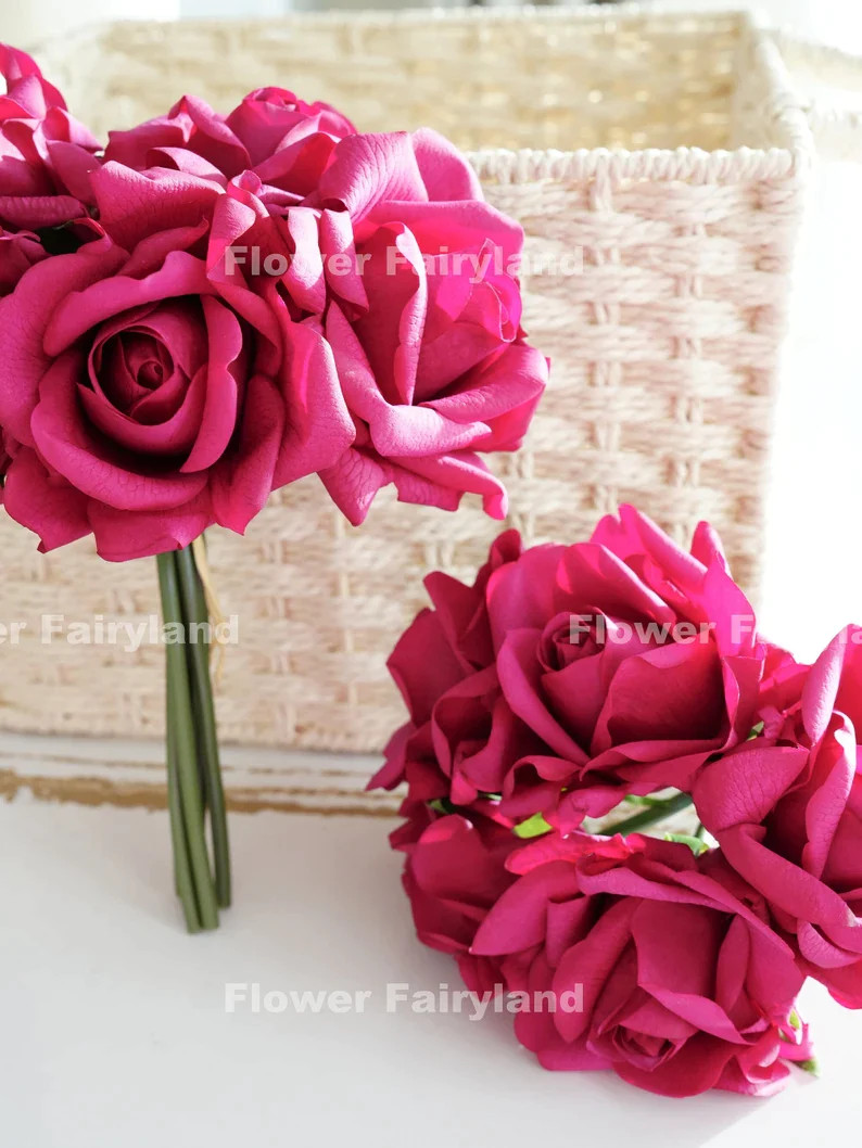 5 Stems Real Touch Moist Latex Rose Bouquet – Magenta | Artificial Flower