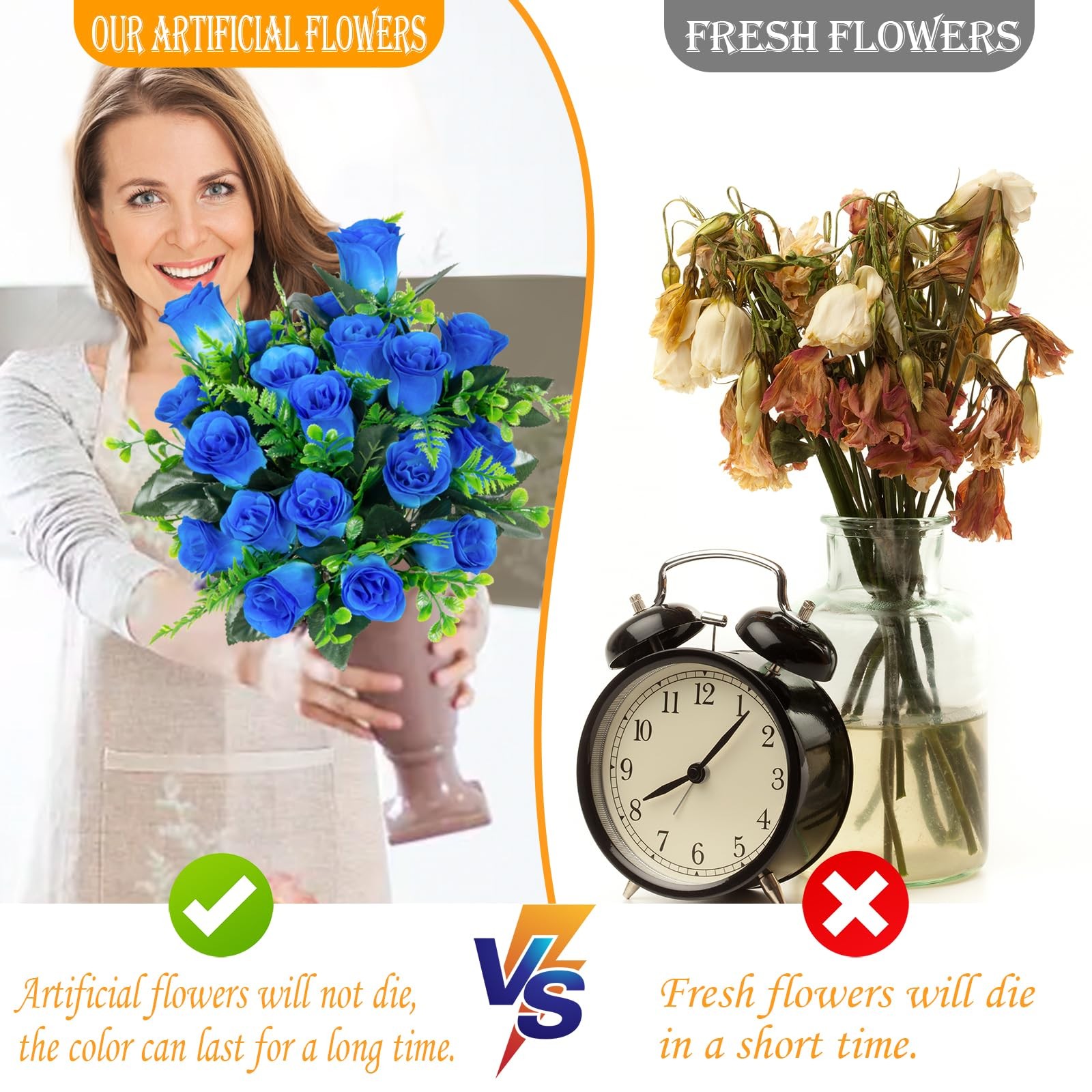 4 PCS Blue Artificial Rose Flowers Silk Fake Bouquet Wedding Party Centerpiece