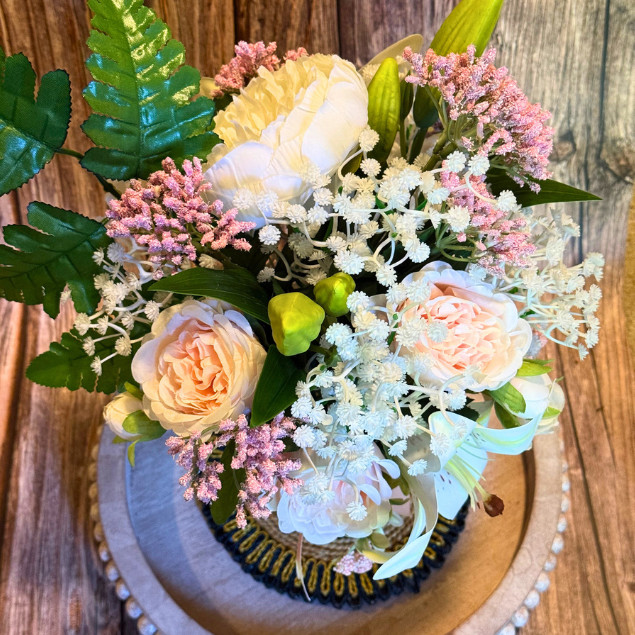 Peach Rose Peony Lily Floral Arrangement 32oz Mason Jar Home Decor Centerpiece