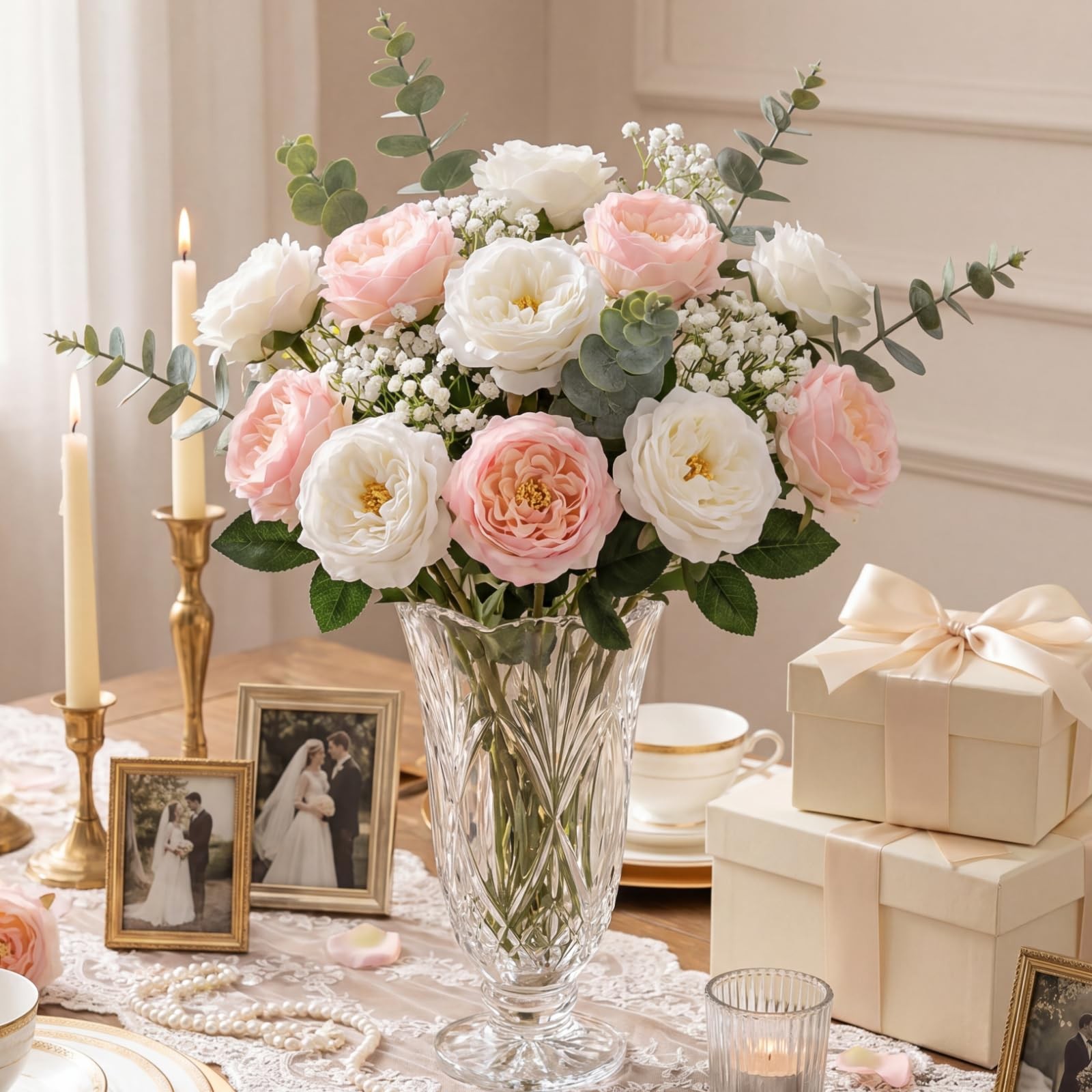 6 PCS Artificial Realistic Touch Peony Fake Flowers Soft Pink White Bouquet