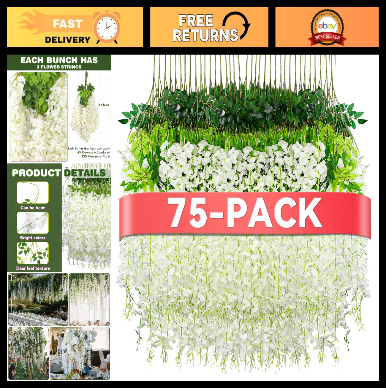3.6ft White Wisteria Hanging Flowers – Artificial Floral Garland for Home, Weddi