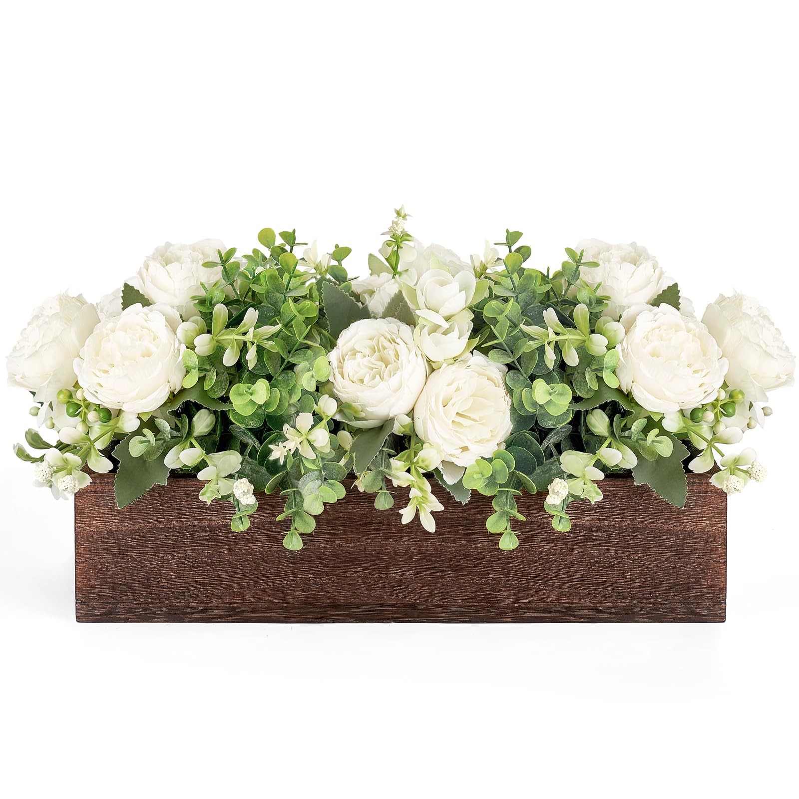 Artificial Flower Centerpiece Farmhouse Table Decor White Rose Wood Box Set