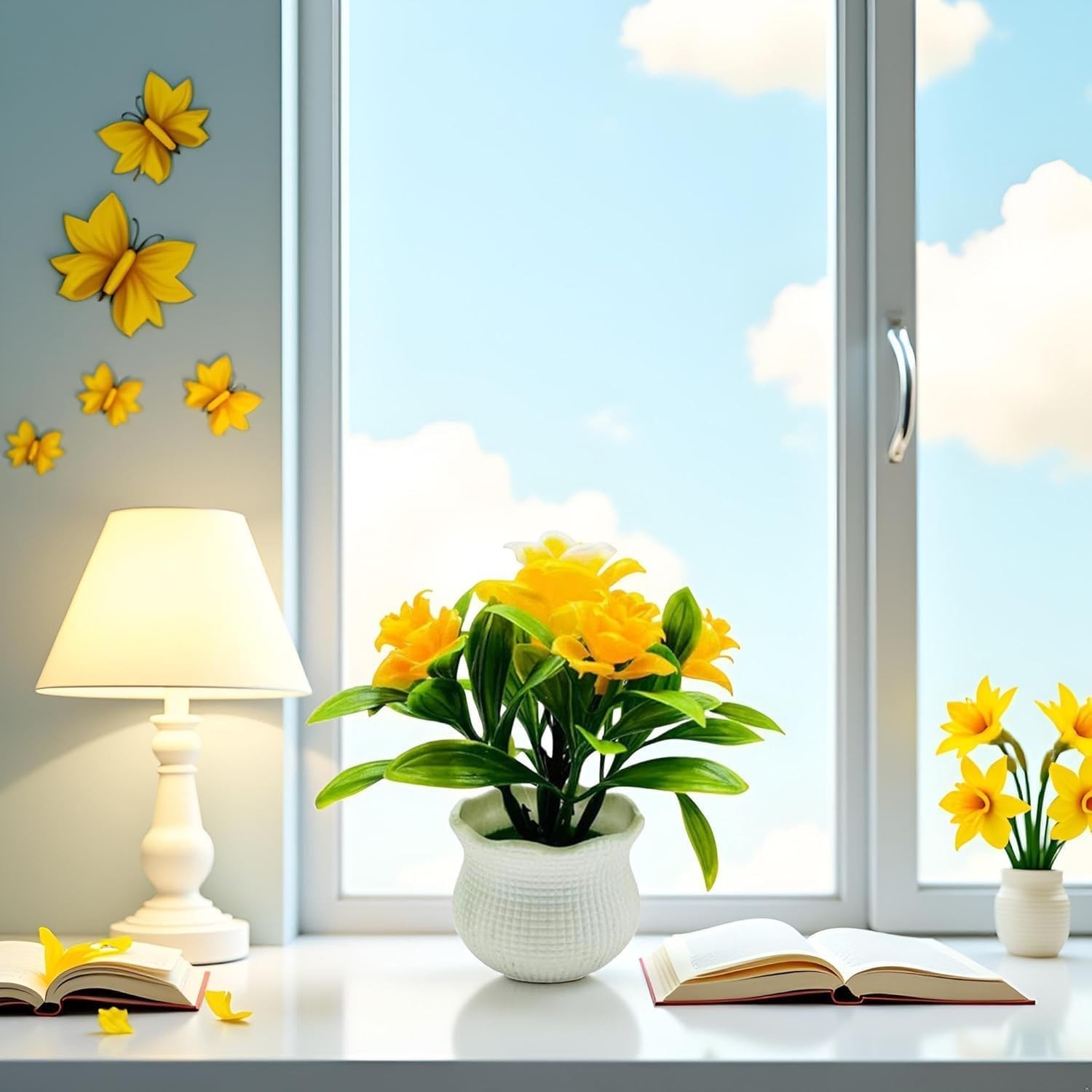 Yellow Faux Roses – 5-Petal Bloom Potted Arrangement for Home/Wedding/Garden …