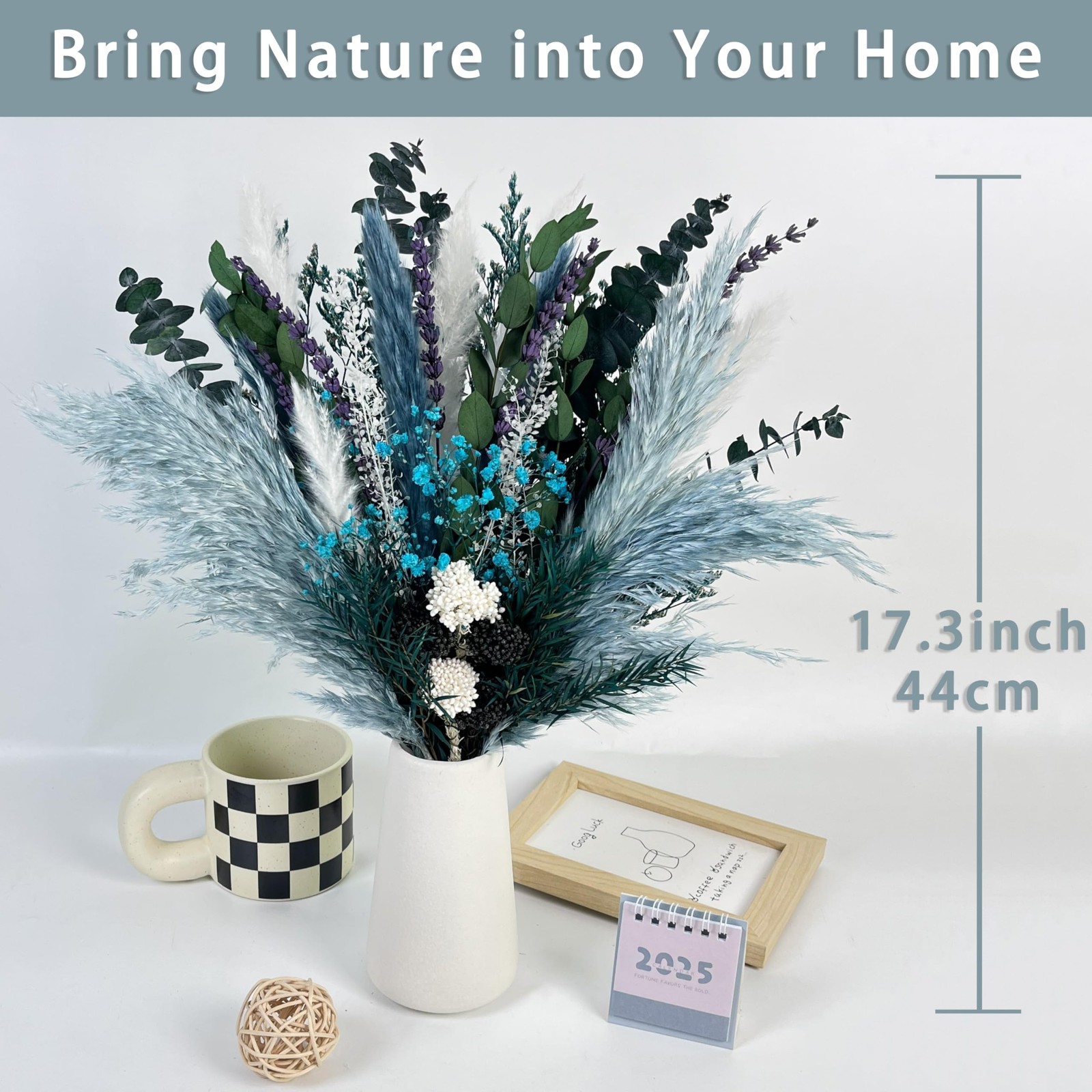 Dried Flower Bouquet 17″ Teal Pampas Eucalyptus Lavender Boho Rustic Decor
