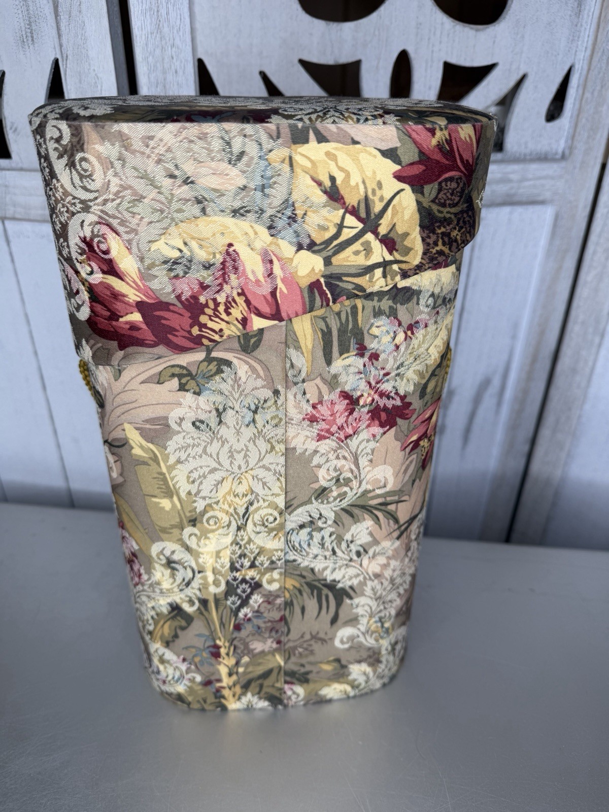 Vintage 90s Woven Floral Tapestry Decor Container With Tassel & Lid Cottagecore