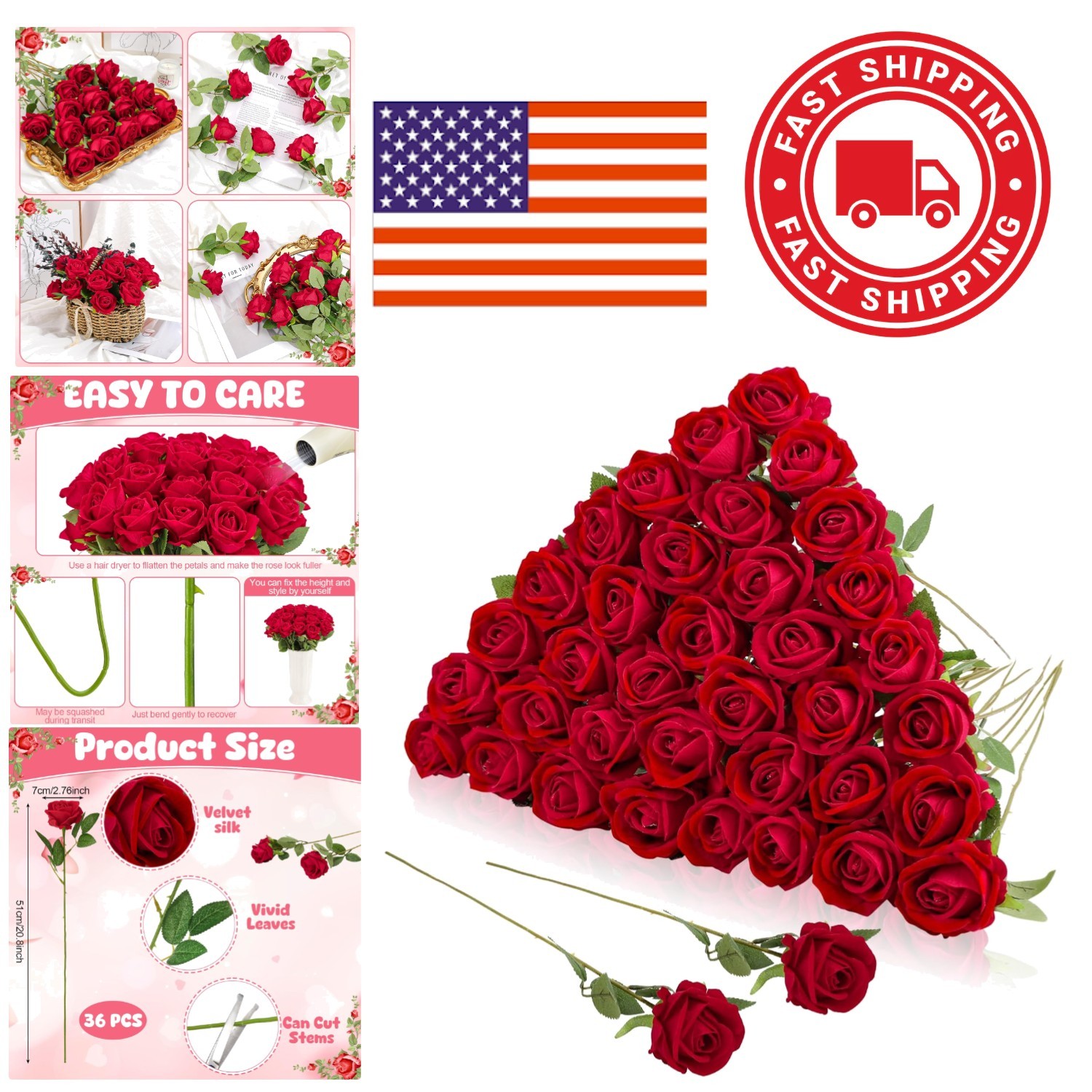 Realistic Red Rose Bouquet 36 Pcs Velvet Silk Flowers for Event Centerpieces