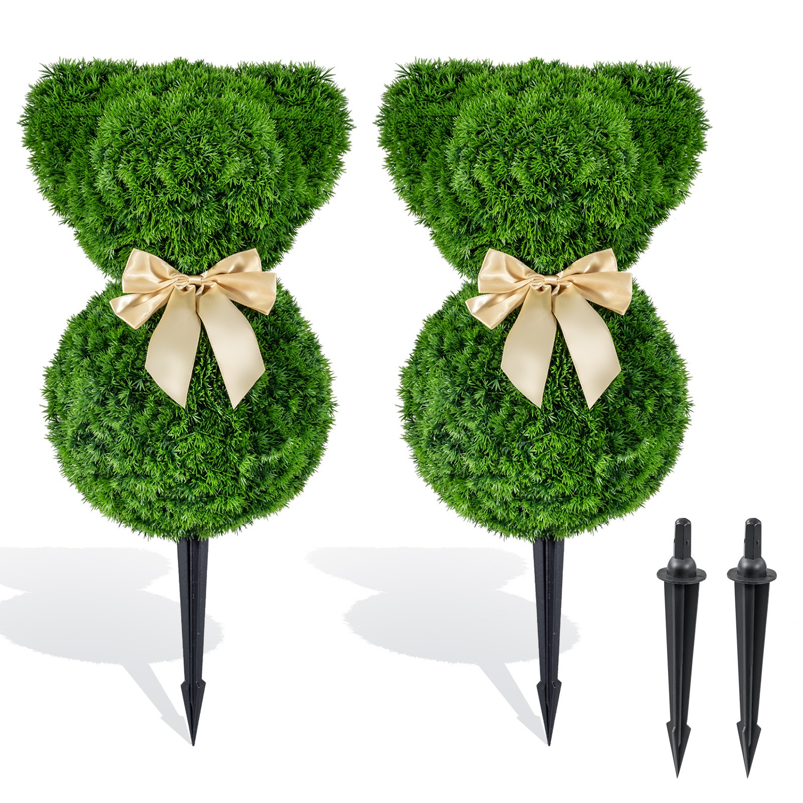 2 Pcs Teddy Bear Topiary Trees, Sun-resistant Faux Boxwood Plants w/ Bowknot