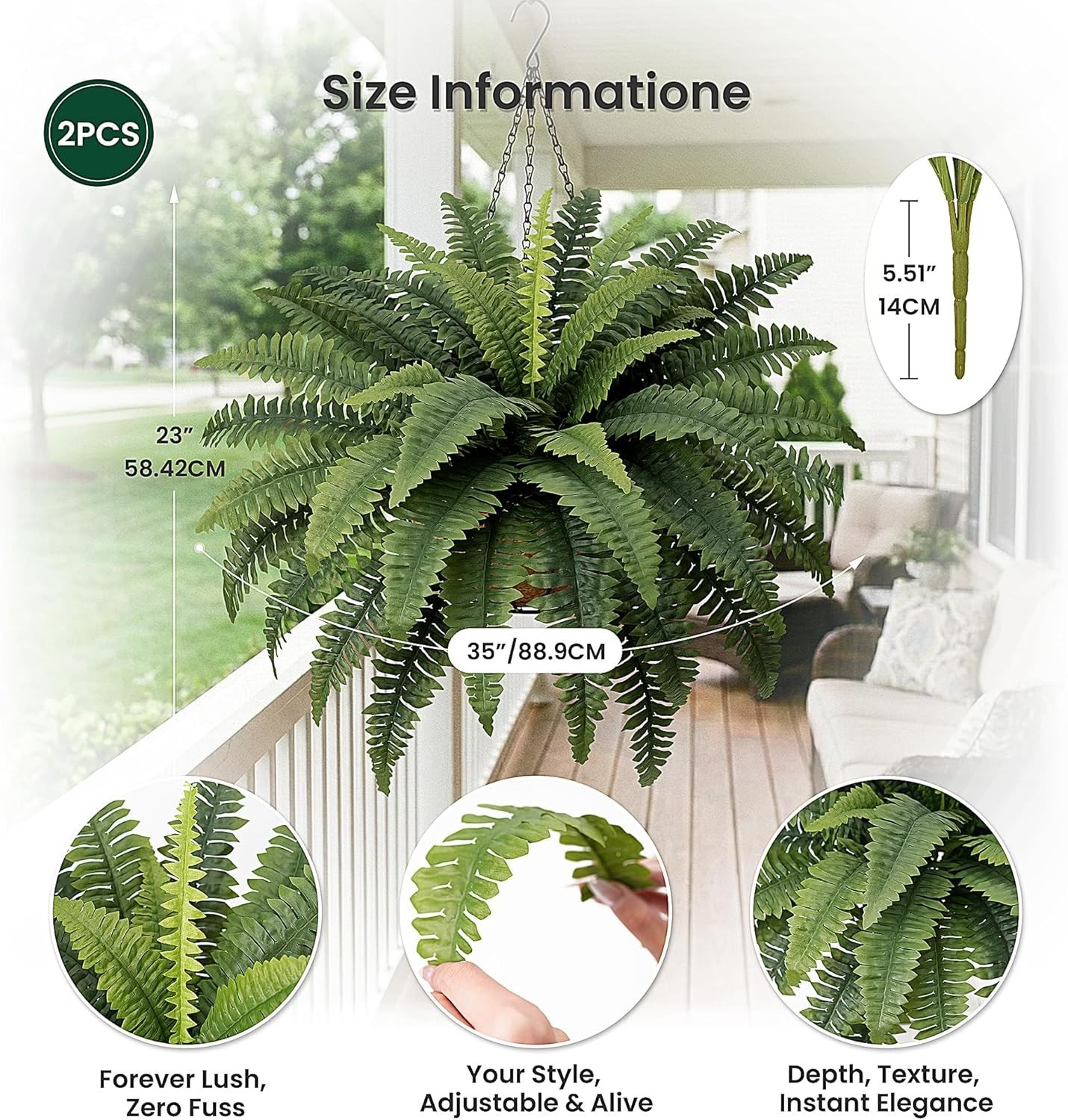 Set of 2 Large Artificial Boston Ferns – 35” Perfect for Indoor/Outdoor Decor
