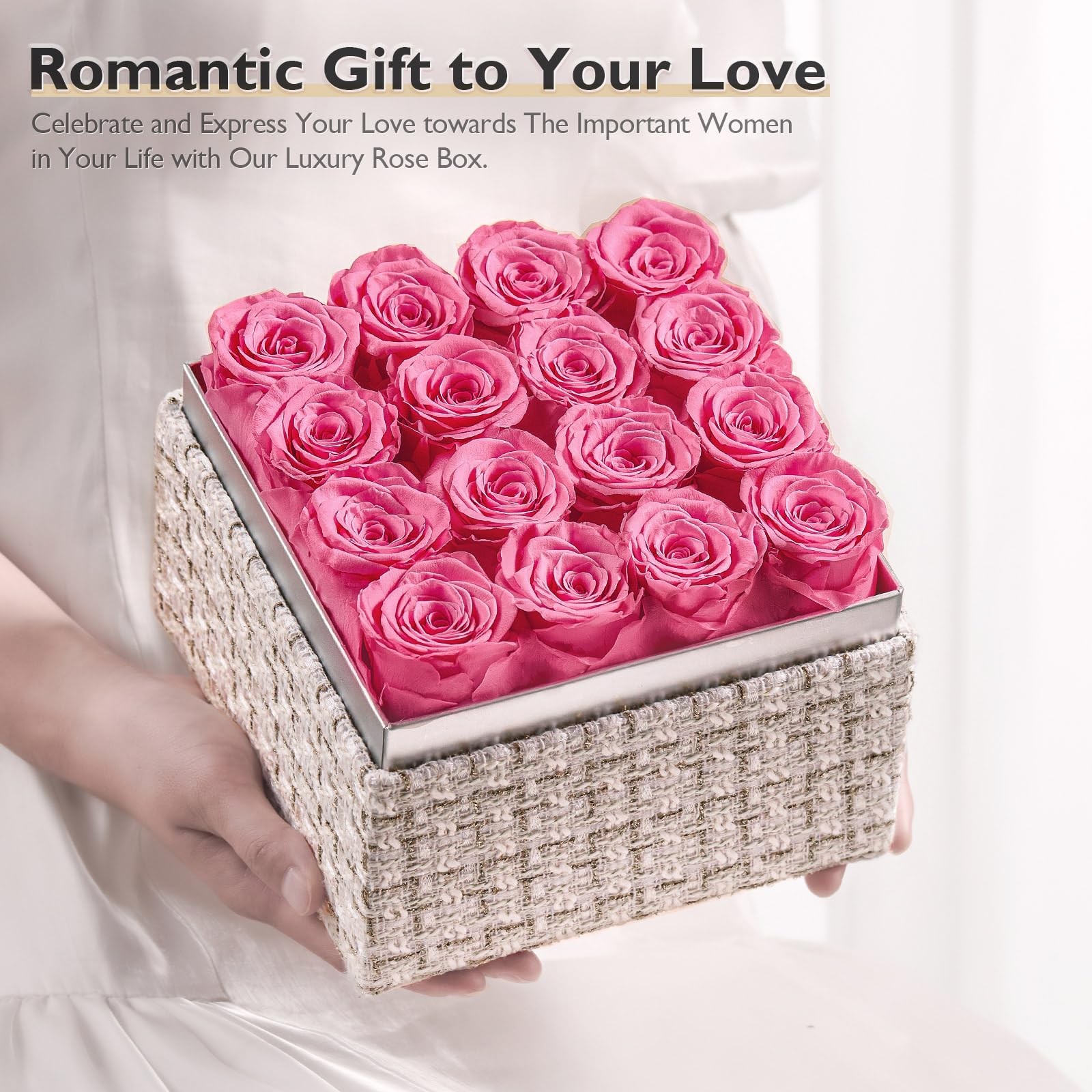 16 PCS Pink Preserved Real Roses Square Gold White Plaid Box Valentines