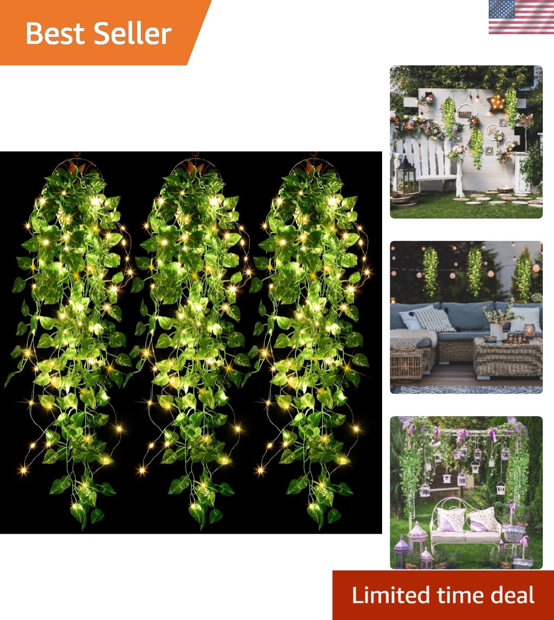 3 Packs LED Artificial Hanging Plants, 3.6 ft Fake Hanging Plant, Ivy Vine Fa…