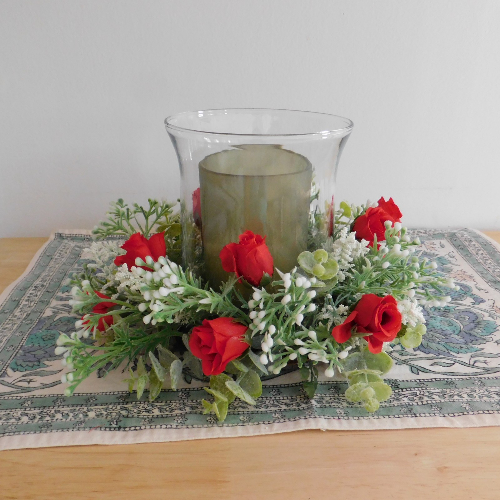 Dusty Miller Mini Wreath Eucalyptus Red Roses Candle Ring Wedding decor