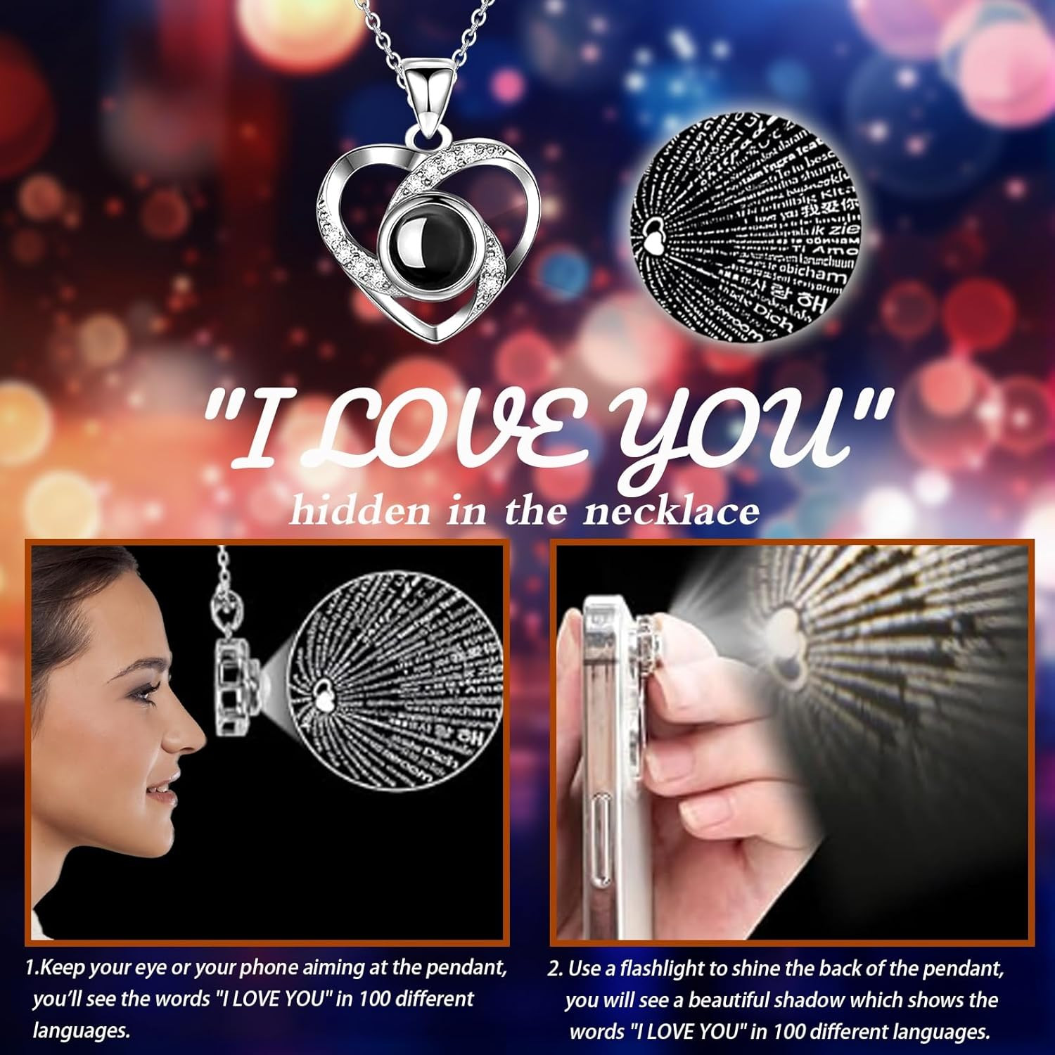 Preserved Real Red Rose with Matching Red LED Light & 100 Languages Necklace – E