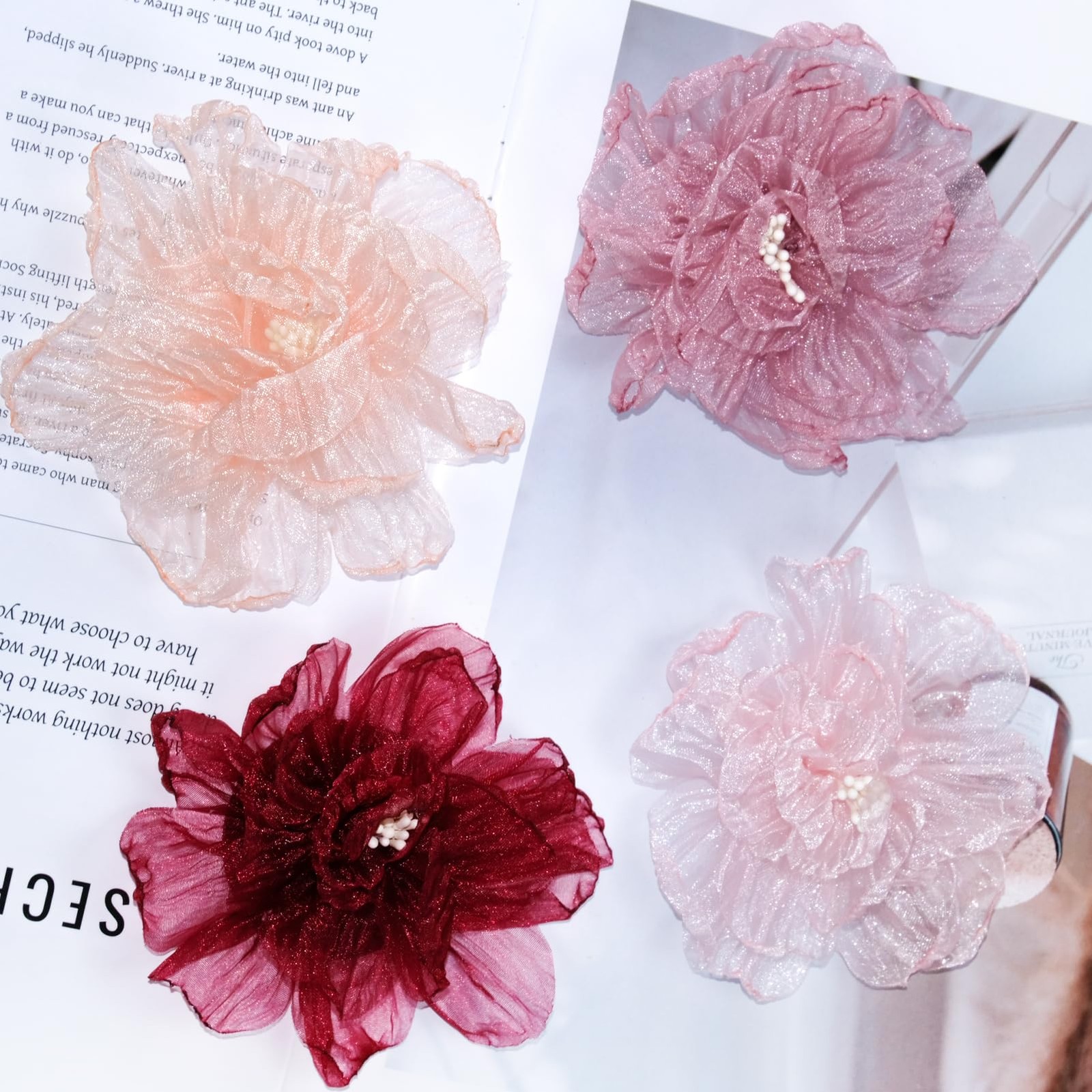 Khaki Pink Organza Flowers 10pcs 3D Shape Flower Sew On Fabric Ribbon Flower …