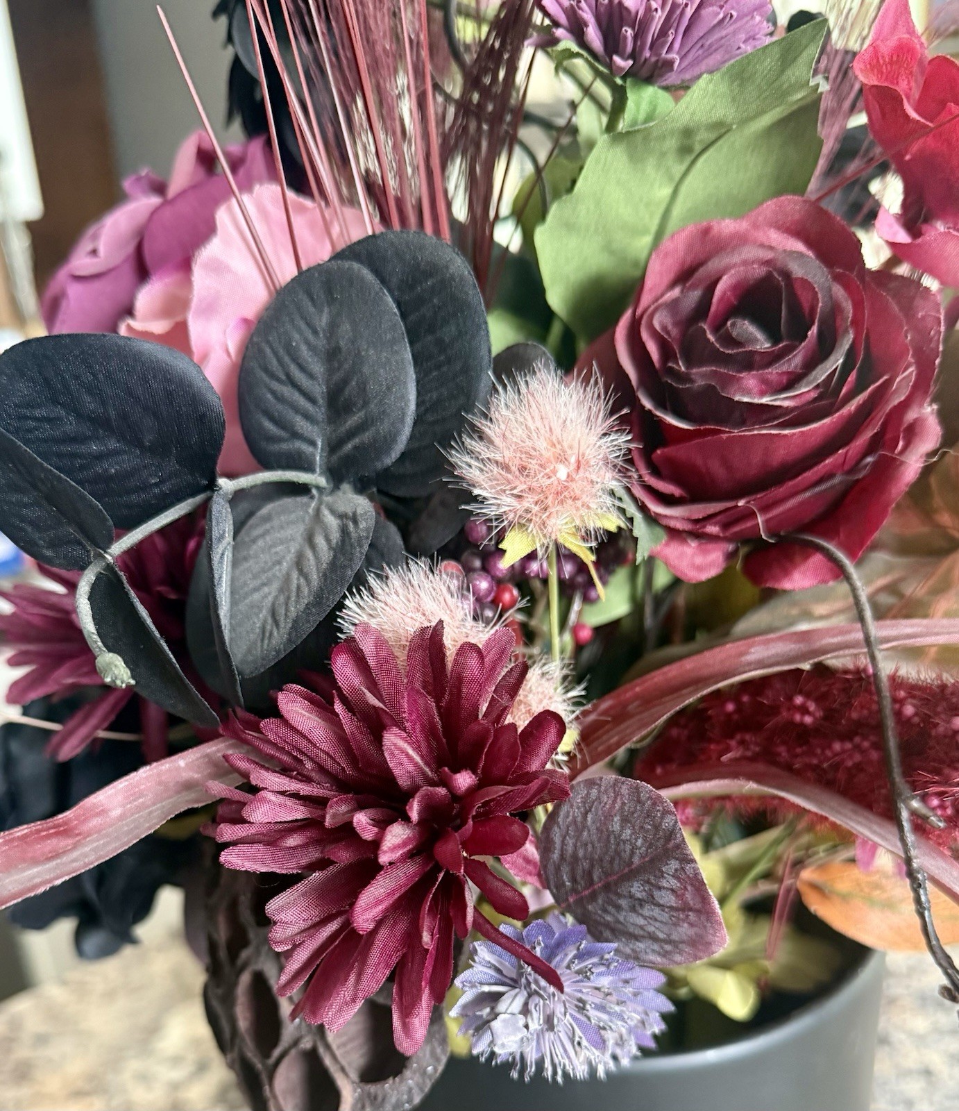 Pink Black Rose Centerpiece Floral Arrangement Art Decor Living Dining Beehive