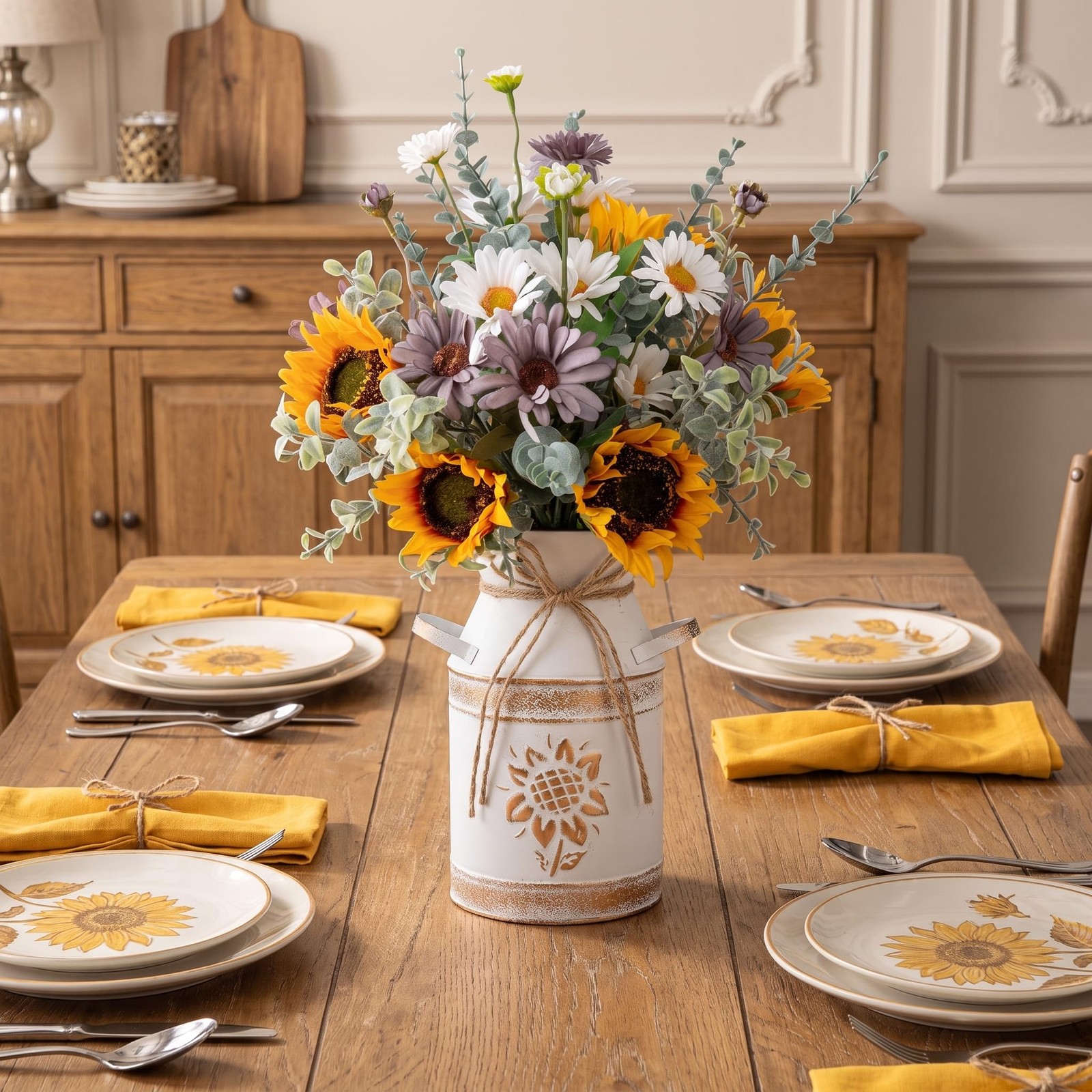 Yellow Artificial Sunflower Silk Flowers In Metal Vase Faux Kitchen Decor Gift