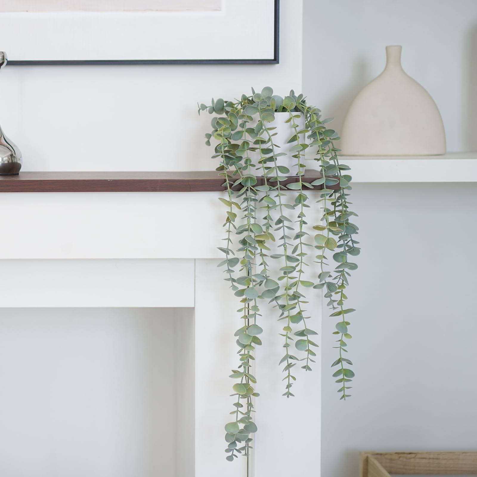 Medium Decorative Hanging Plant Faux Ivy Eucalyptus Vine Greenery White Pot