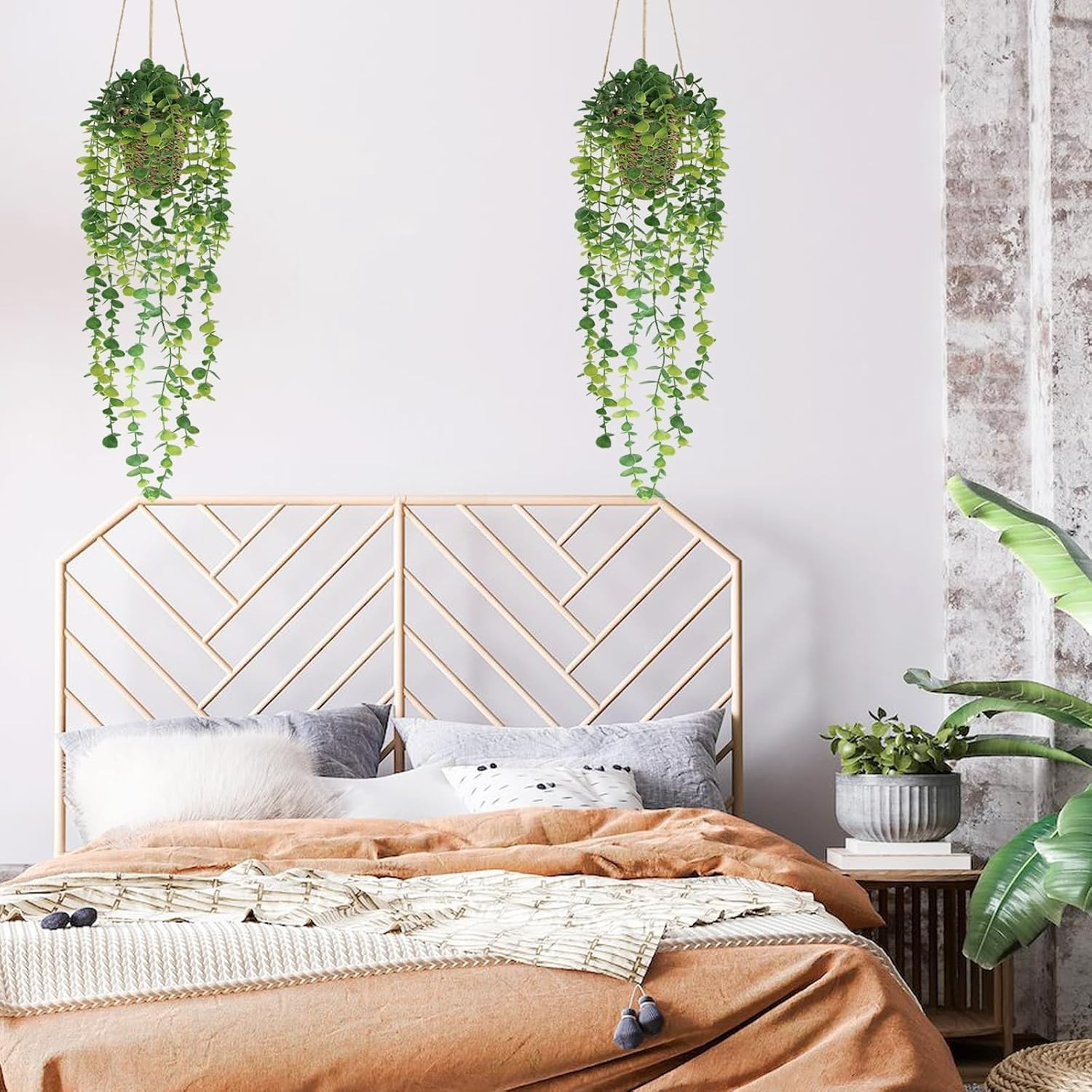 2 Pack Faux Eucalyptus Hanging Plants in Handmade Woven Baskets for Home Decor
