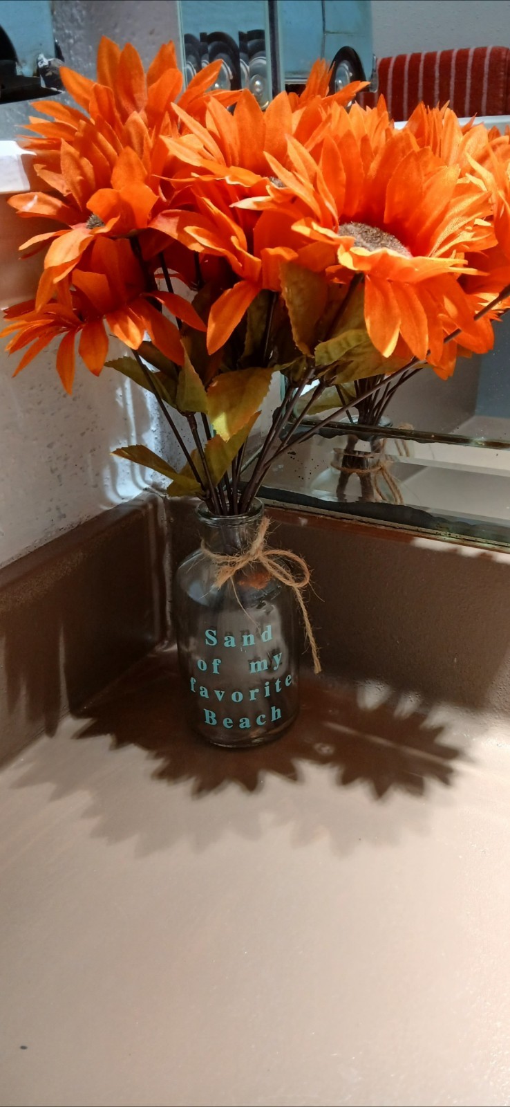 Artificial Silk Orange Sunflower Flower Arrangement in Glass Bottle Vase, Green