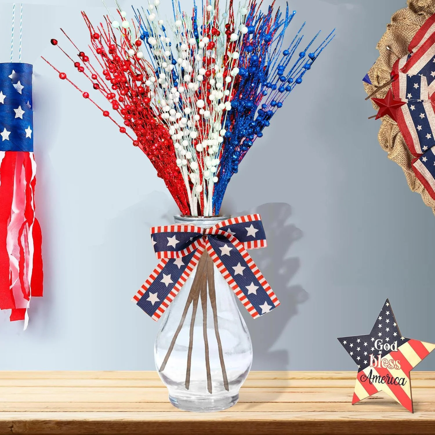 12 Pcs Artificial Patriotic Berry Stem Picks 4th of July White Blue Red Star Pic