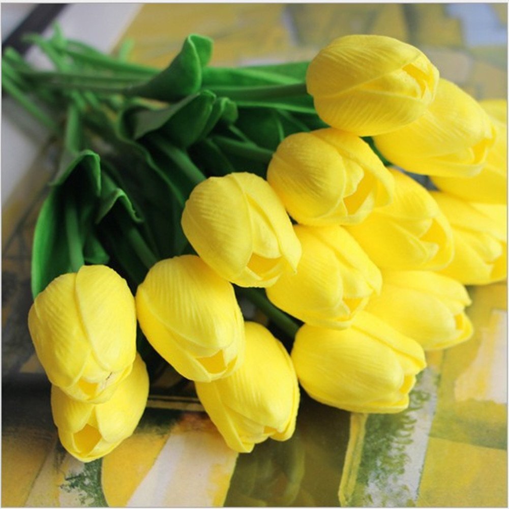 Artificial Tulips 10pcs Yellow Real Touch PU Flower Arrangement Bouquet Party