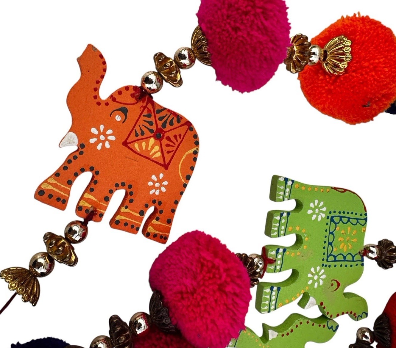 Elephant Garlands Pom Poms Wood Set of 3 Boho Indian Festival Diwali