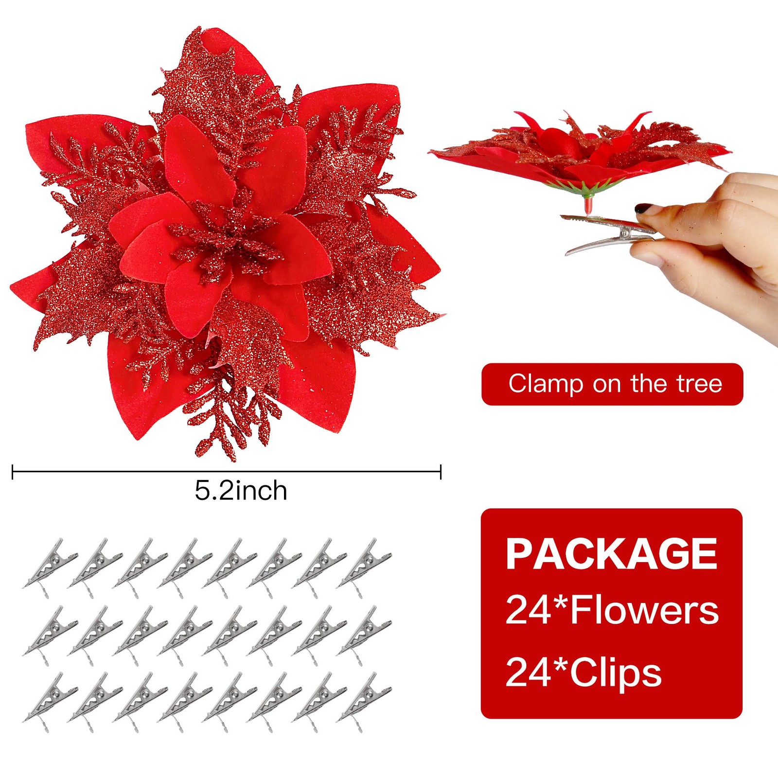 24 PCS Bright Red Christmas Glitter Poinsettia Flowers Tree Ornaments Clips
