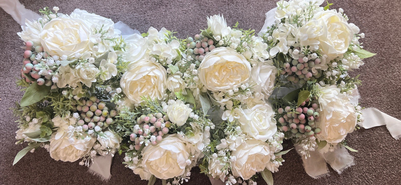 Lot of 8 Faux Silk Ivory Sage Green Rose Peony Artificial Bridesmaids Bouquets