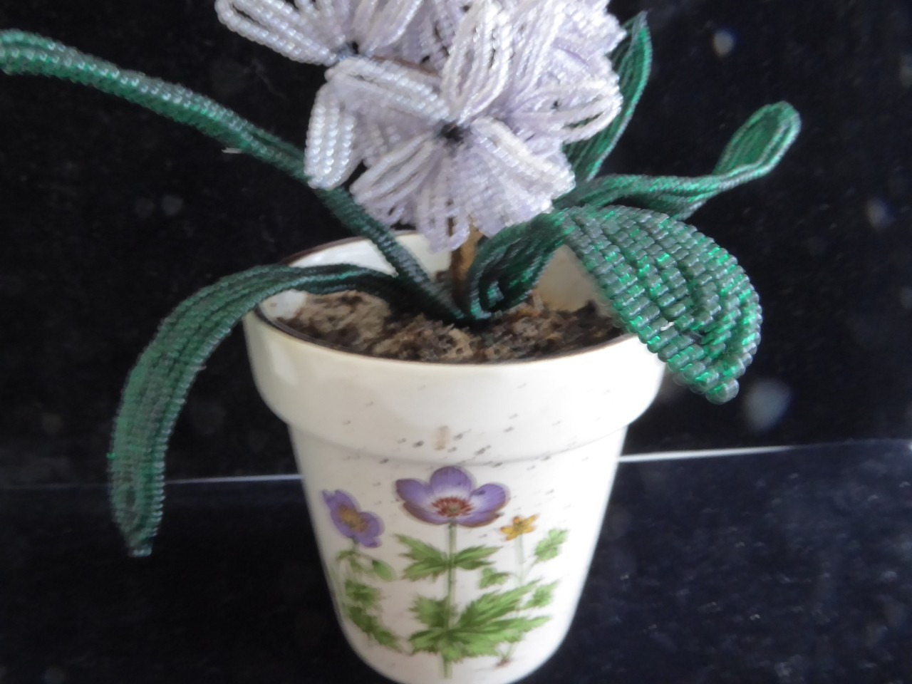 Vintage French Micro Seed Glass Beaded Lilac Color Hyacinths Flower in Pot 9.5″