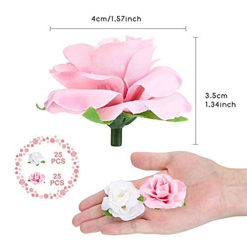 50pcs Mini Rose Artificial Flower Heads, 1.6” Real 1.57 Inch Pink and White