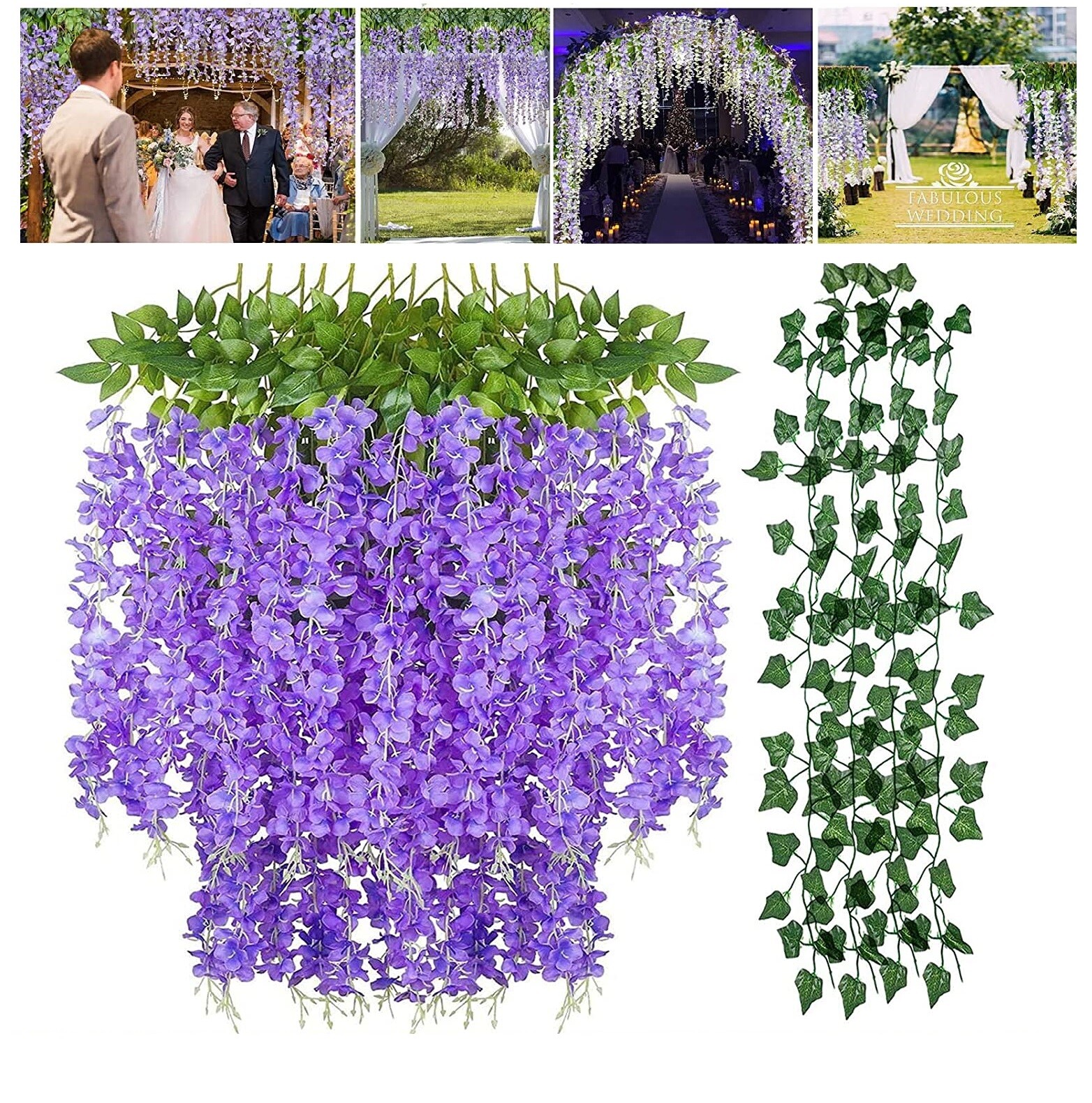 12 Pack Artificial Wisteria Hanging Flowers /6.56 Feet Artificial Ivy Leave Vine