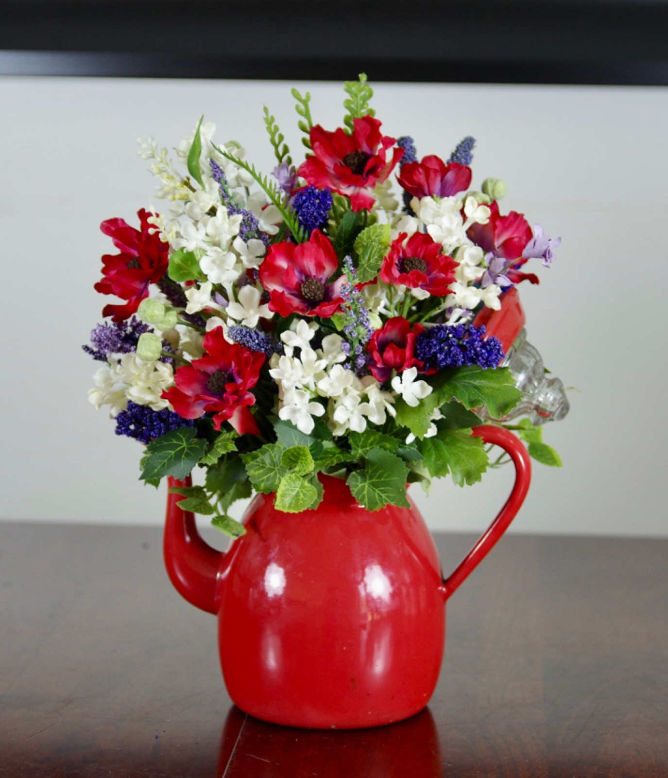 Silk Red, White and Purple Arrangement in Red Enamel Coffee Pot