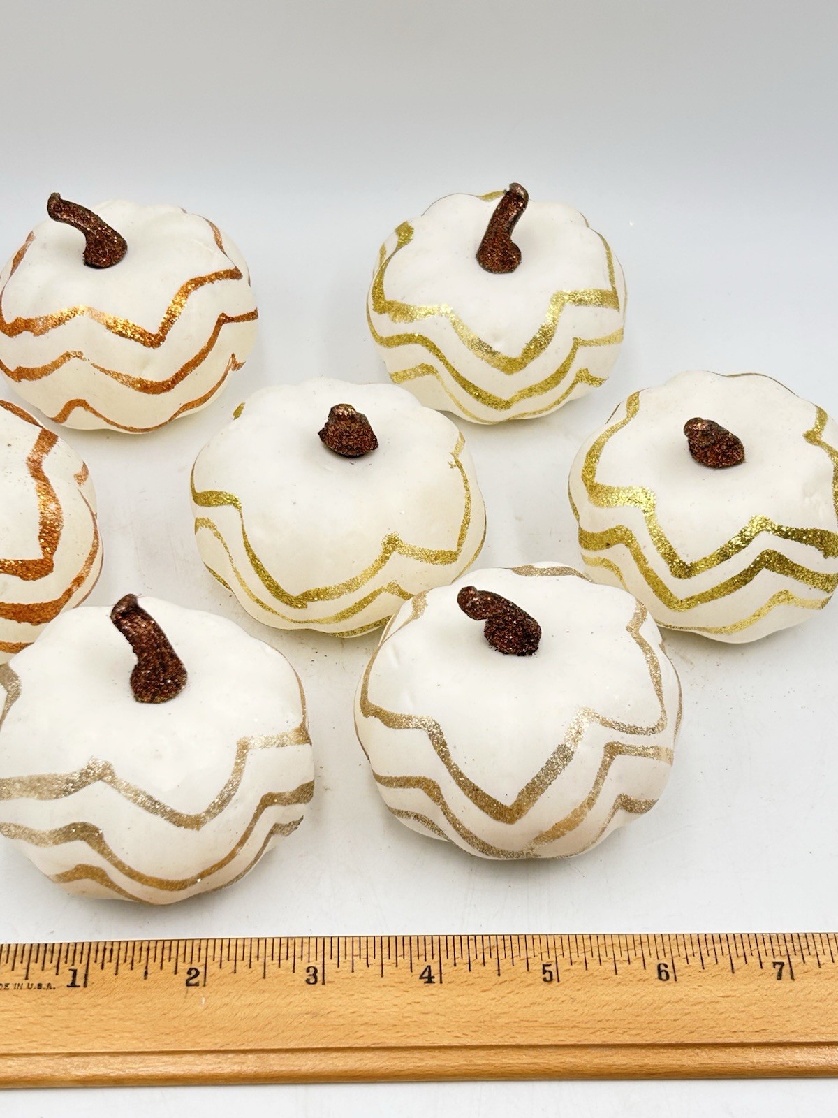 Artificial Faux Pumpkins, 8 PCS White Lifelike Zig Zag Gold/Bronze Paint Glitter